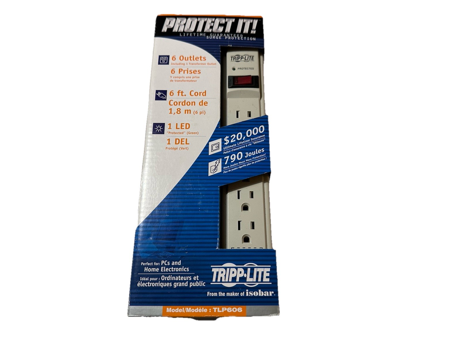 TRIPP LITE TLP606 Surge Protector Strip,6 Outlet Gray 1 LED (Green) 6Ft Cord
