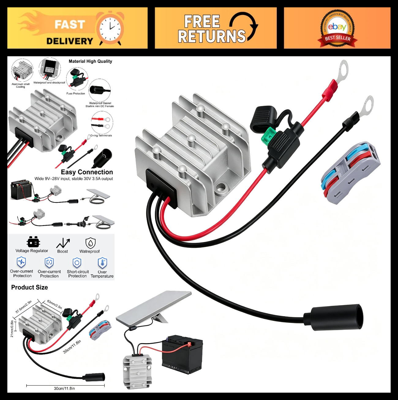 12V 24V to 30V Power Supply Cable, 3.5A DC Step Up Converter, Waterproof Adapter