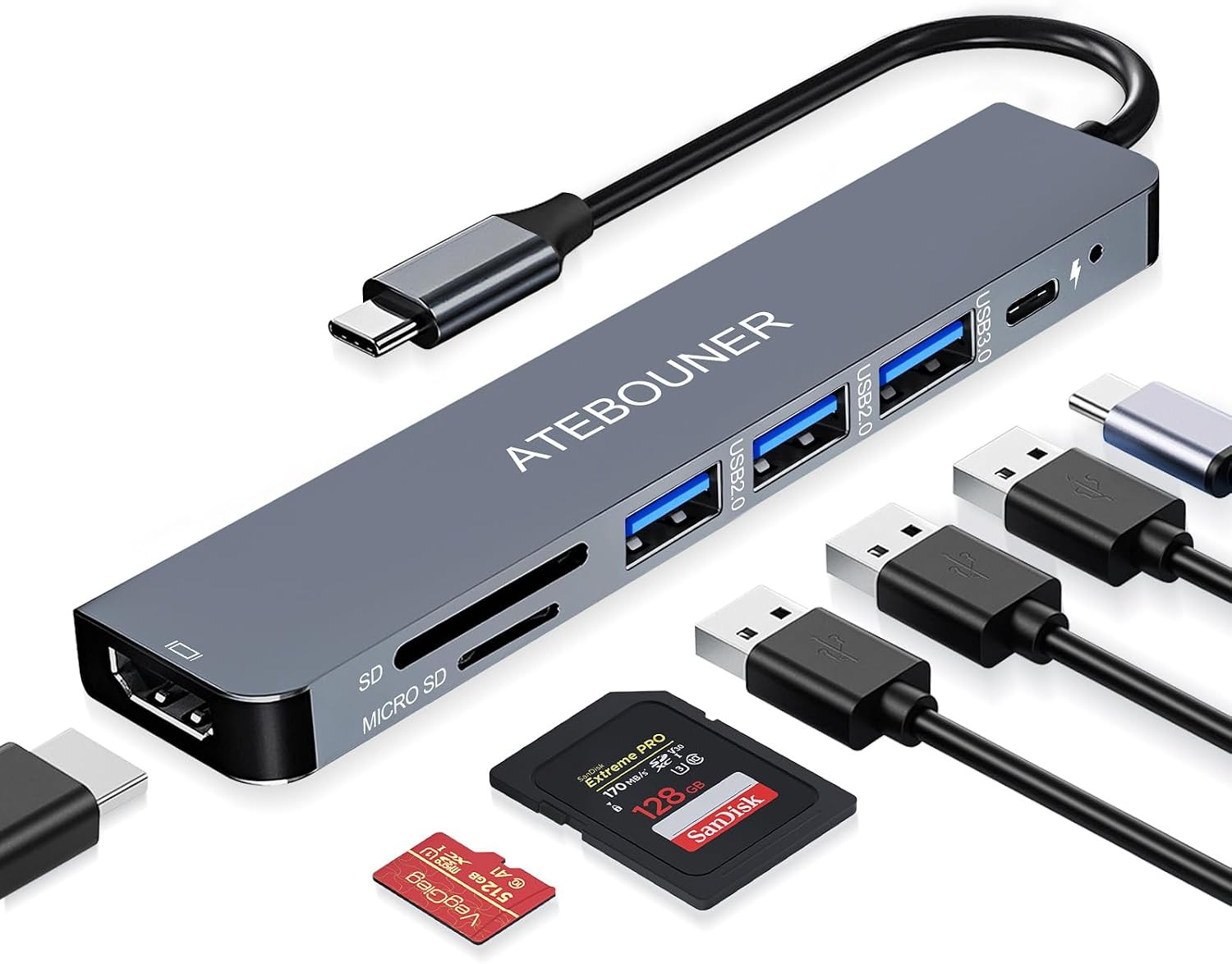Macbook USB C Hub 7 in 1 Multiport Adapter, 4K HDMI USB 3.0 PD Dock Station