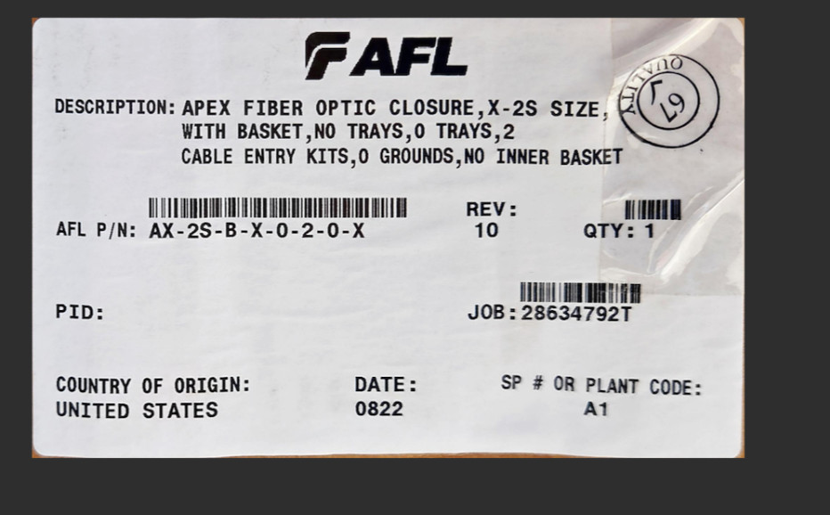 AFL AX-2S-B-X-0-2-0-X Apex X-2S Fiber Optic Splice Closure NEW