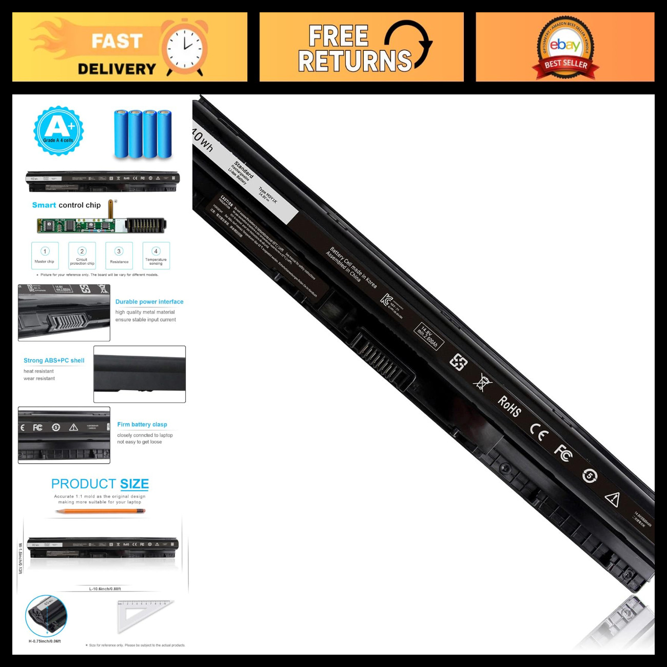 40Wh 14.8V Laptop Battery for Dell Inspiron 15 3000 5000 Series, High Capacity