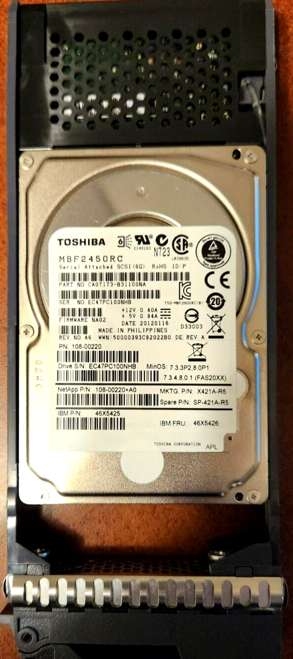 Lot of 19-IBM/NETAPP/Toshiba - 108-00220+A0 46X5425 - 450GB 10K RPM SAS, w/Caddy