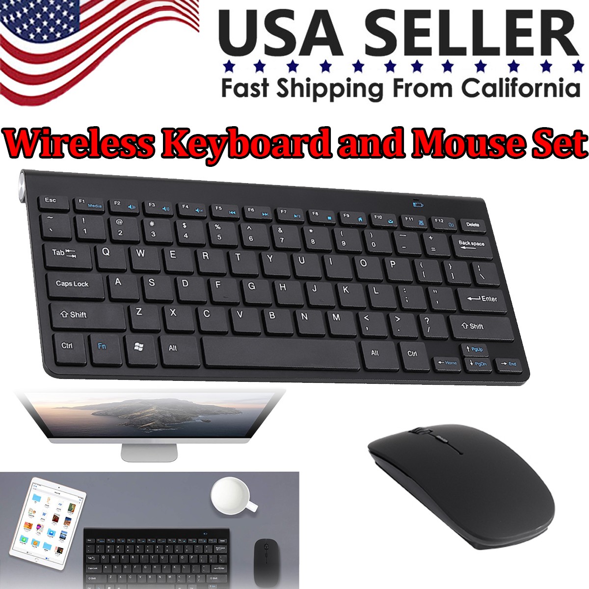 2.4G Wireless Keyboard and Mouse Combo Ultra Slim Black Set for PC Laptop TV