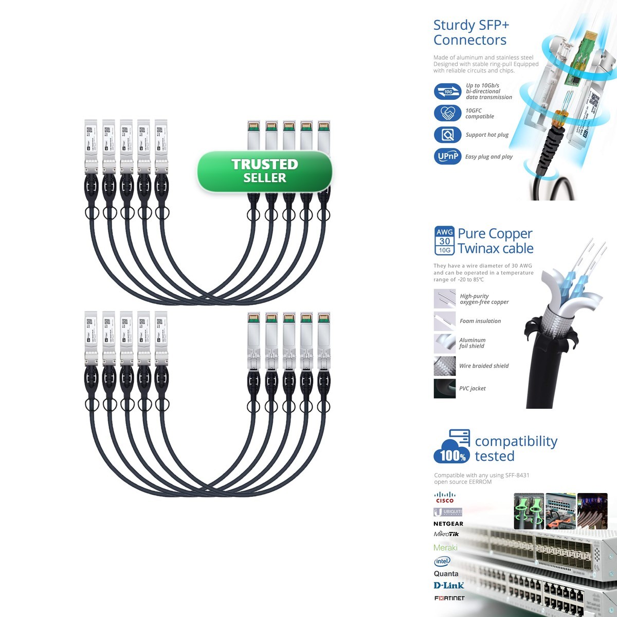 HFiber 10 Pack SFP+ DAC Cable 0.3M for Cisco Ubiquiti TP-Link Mikrotik