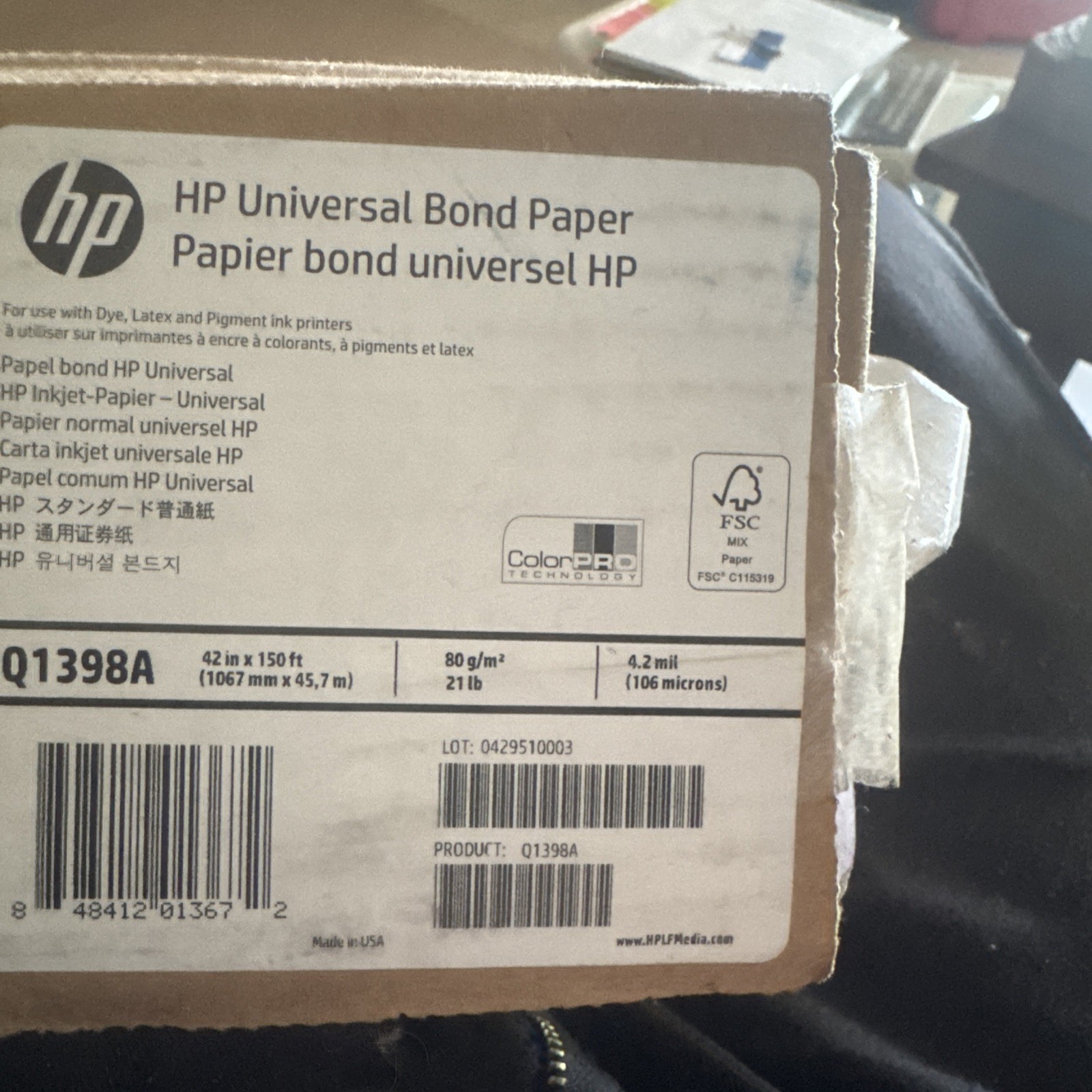 HP Q1398A, Universal Bond Paper (42 in x 150 ft) - 4.2 mil-Color Pro-NEW-Sealed