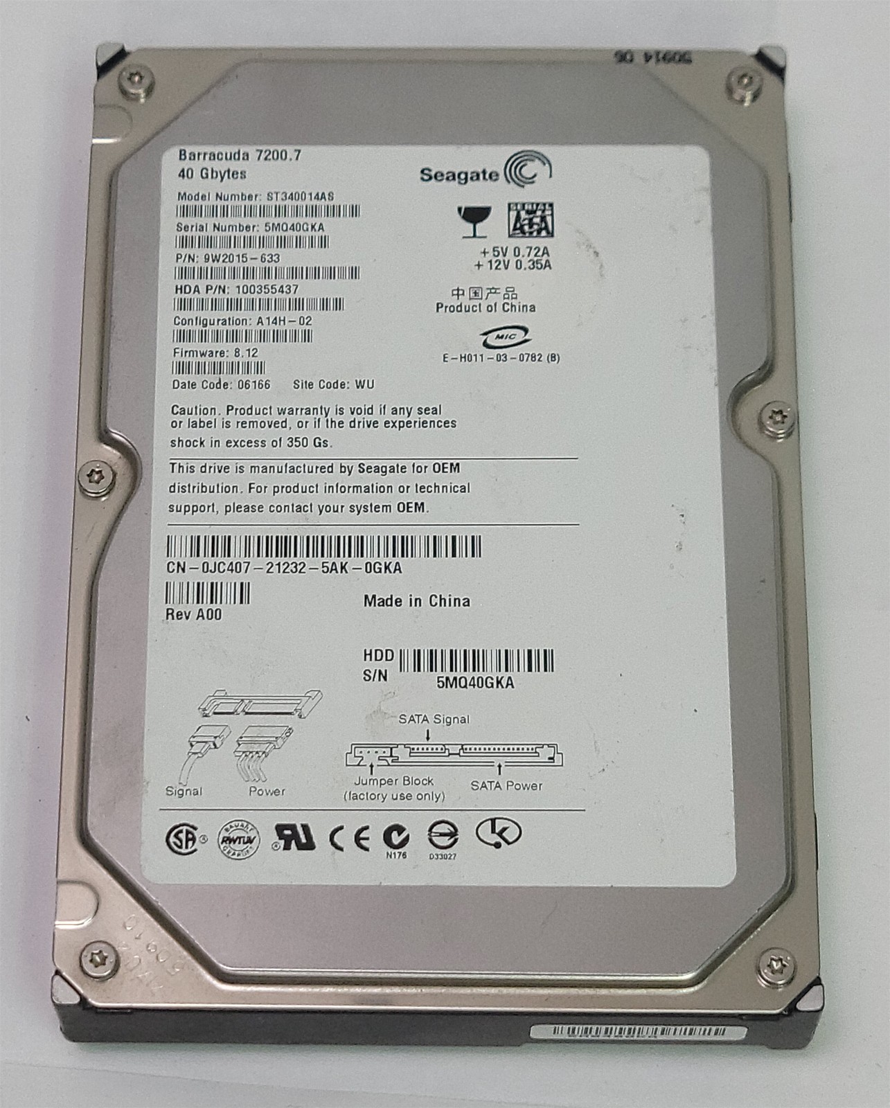 Seagate Barracuda ST340014AS HDD, 40 GB , SATA/150 - Tested w/pics