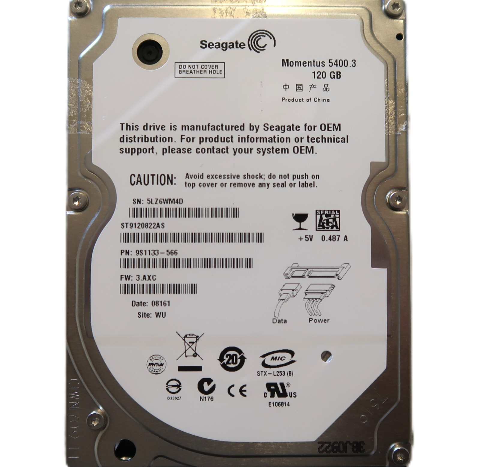 Seagate ST9120822AS 9S1133-566 3.AXC (5LZ) WU China 2.5" 120gb Sata HDD OCT/2007