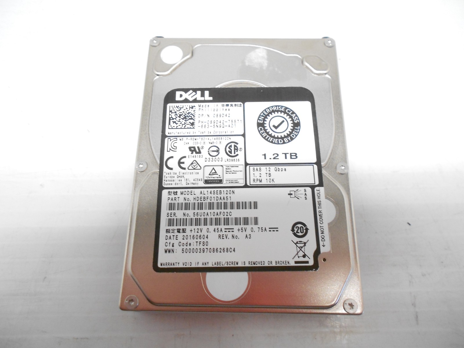 Dell 89D42 Toshiba 1.2TB 10K 12G SAS 2.5" Server JBOD Hard Drive AL14SEB120N