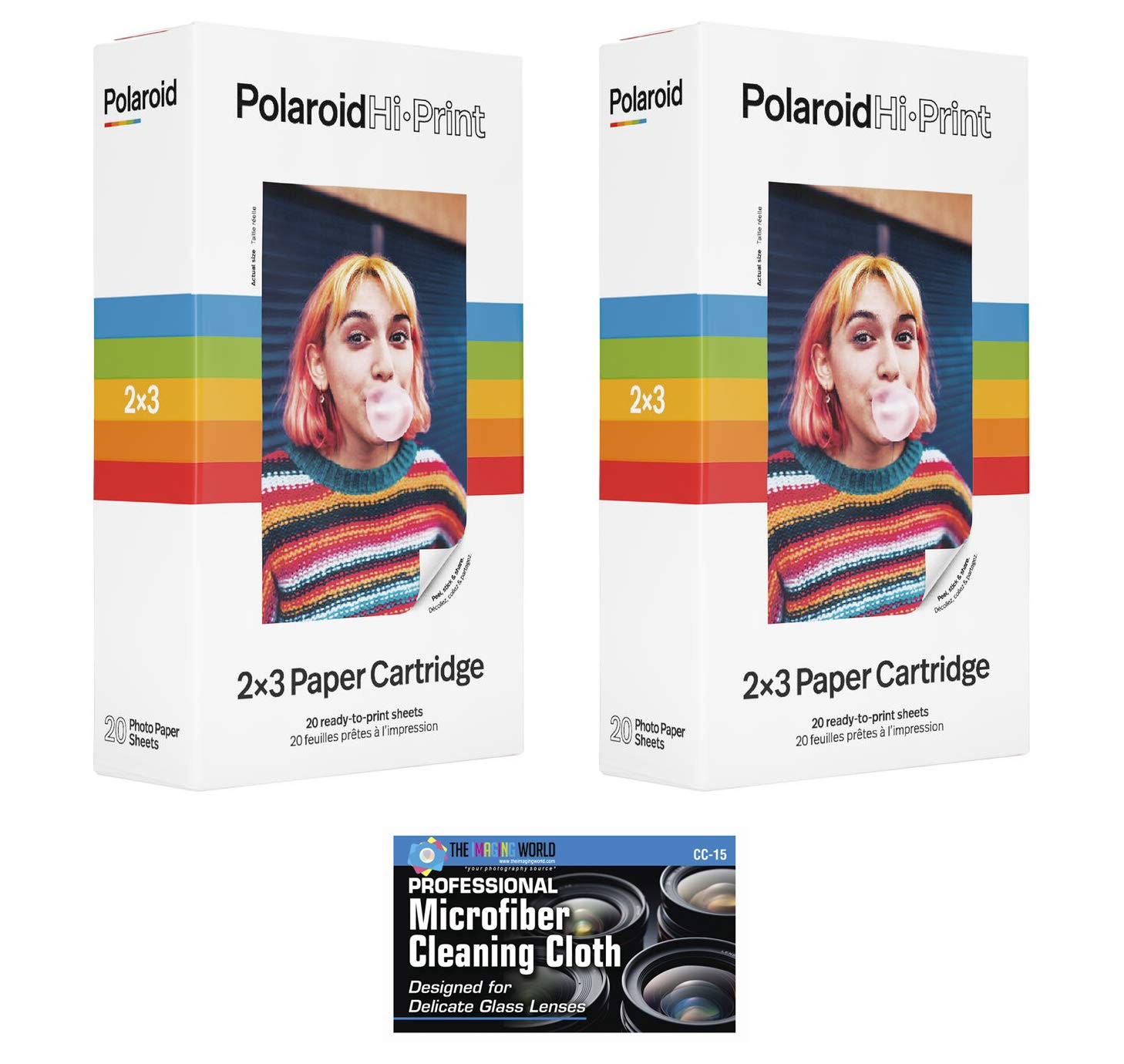 Polaroid Hi-Print 2 x 3 Paper Cartridges - 2 Pack, 40 Sheets - with MicroFiber