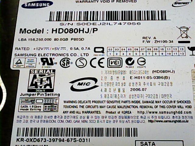 Samsung Spinpoint 80 GB HD080HJ/P 7200 RPM KR-0XD673 SATA HDD