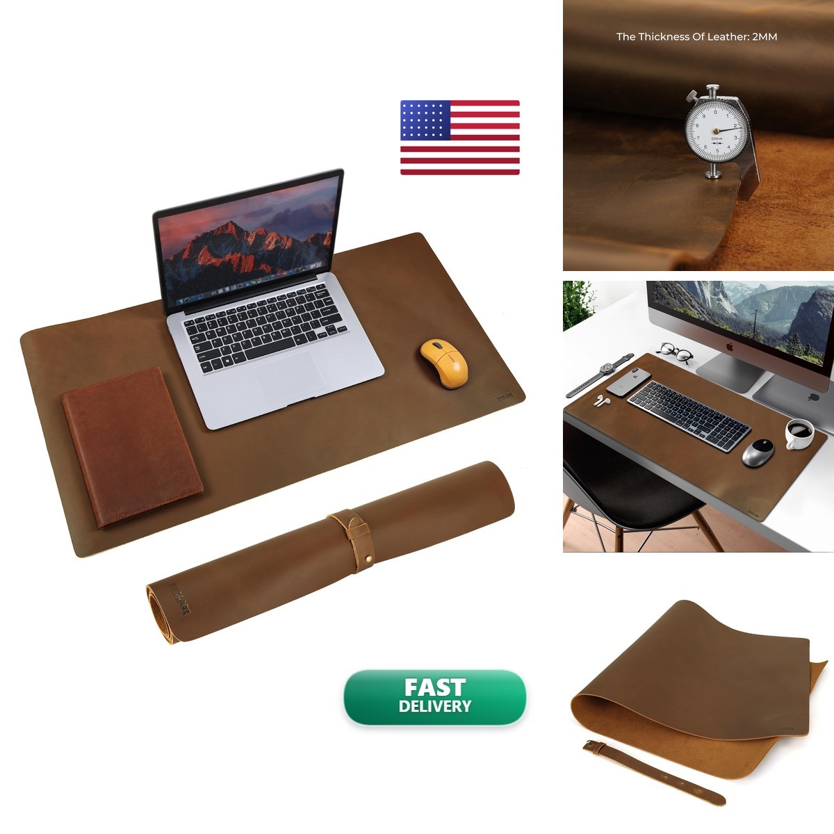 Polare Full Grain Leather Desk Pad 31.5 x 15.7 inch 2mm Thick Brown