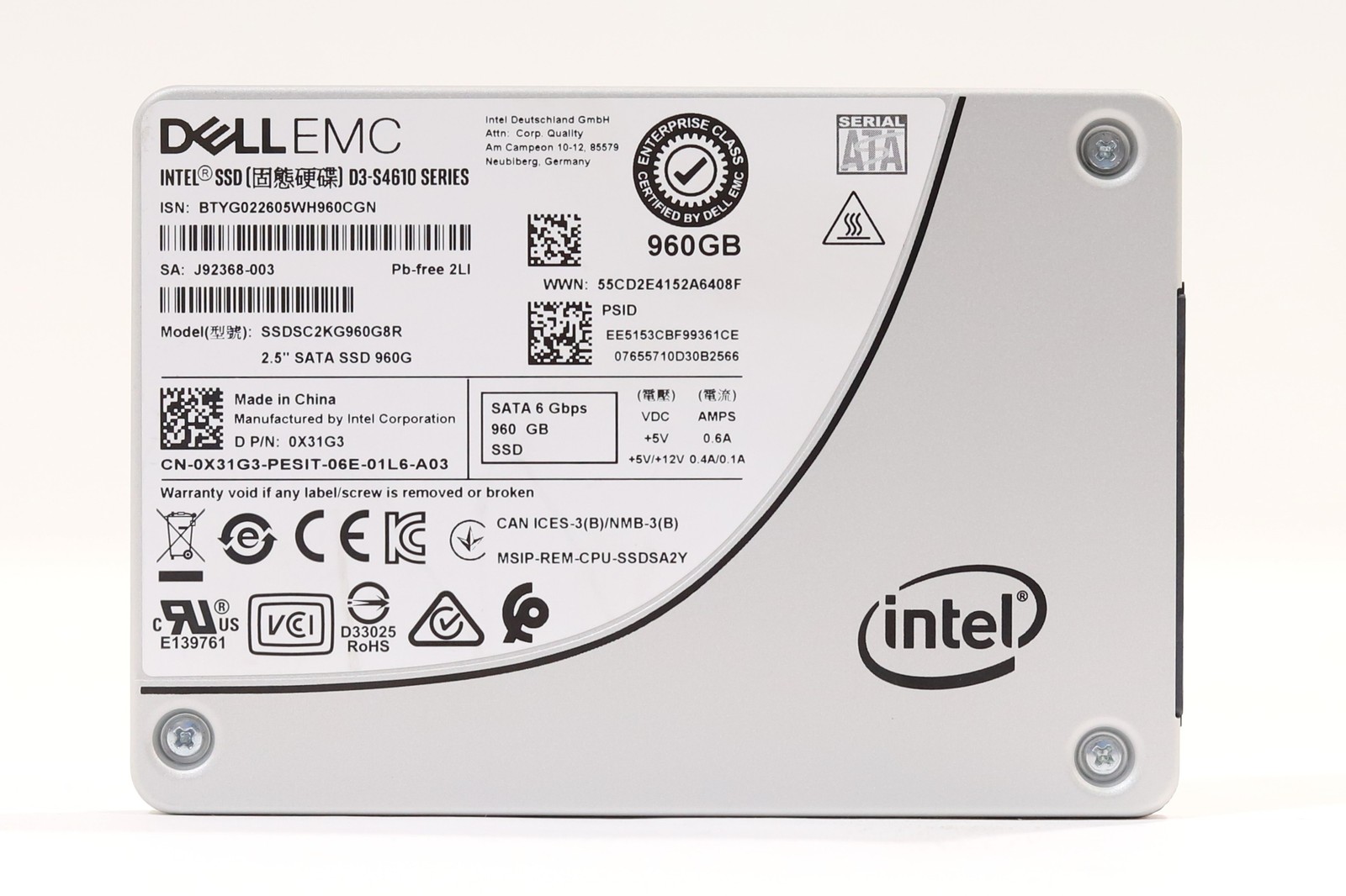 Intel SSDSC2KG960G8R 960GB 2.5" 6Gb/s Mixed Use 3D TLC SATA SSD Dell P/N: 0X31G3