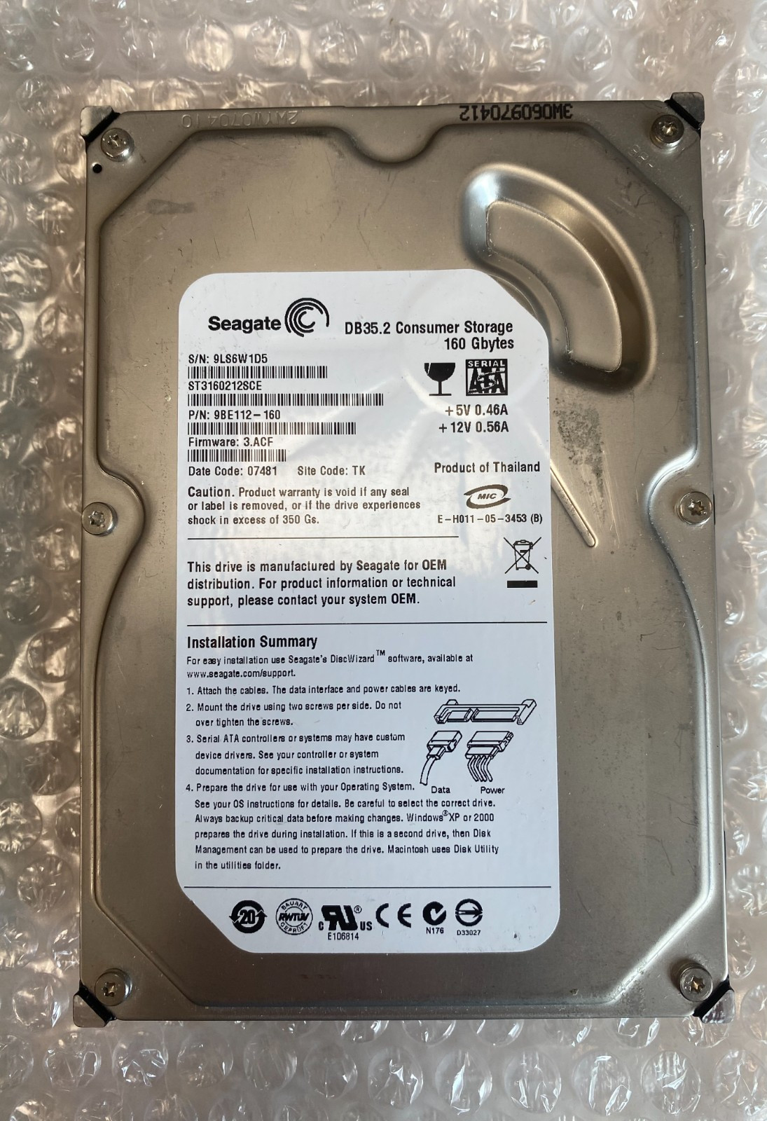 Seagate ST3160212SCE 160GB 3.5" SATA HDD 9BE112-160