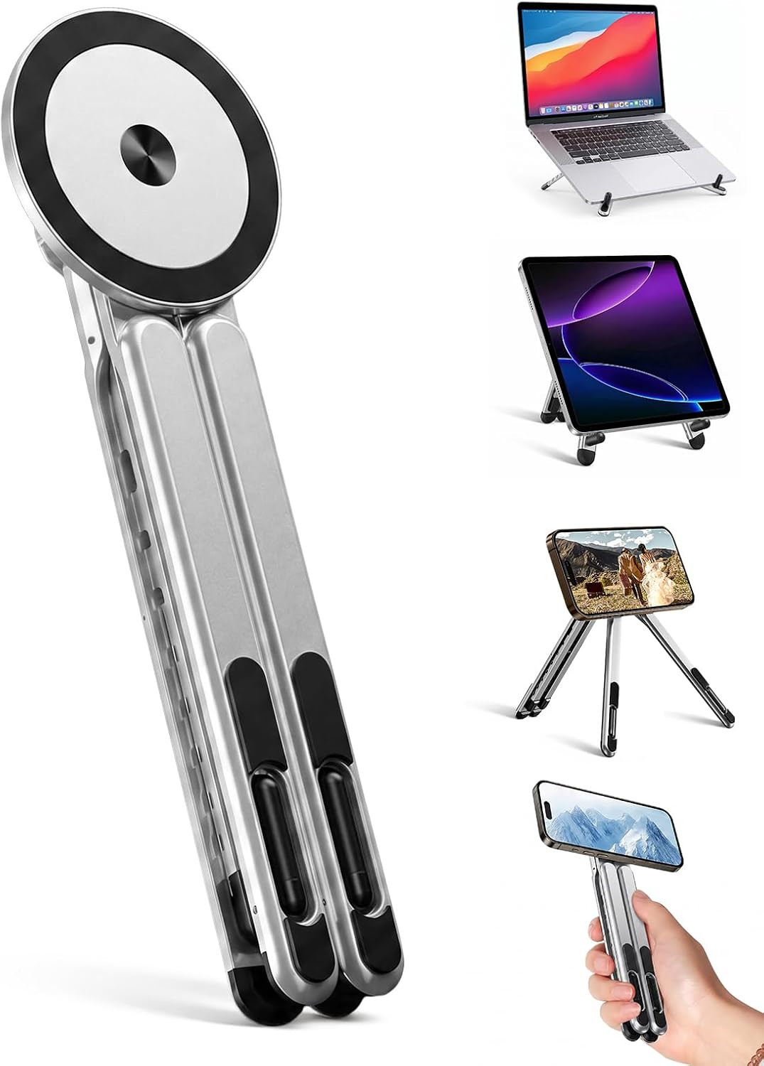 4-In-1 Foldable Laptop Stand & Magnetic Phone Holder, Silver Aerospace Aluminum