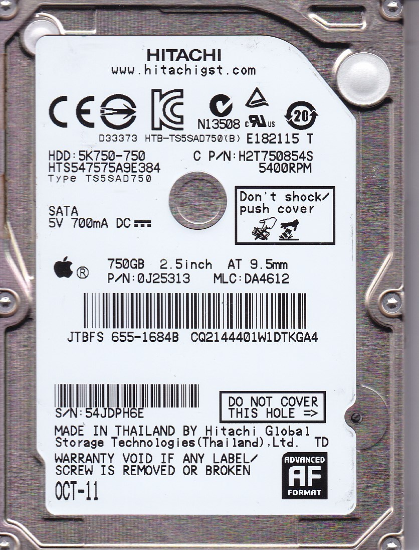 Hitachi Apple 655-1684B HTS547575A9E384 mlc: DA4612 pn: 0J25313 750GB SATA 5619