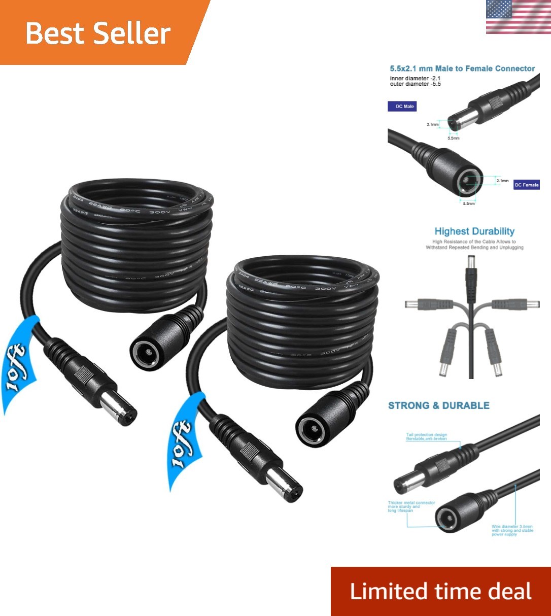 Versatile 10FT DC Extension Cable Pack - 5.5mm x 2.1mm for Optimal Power Supply