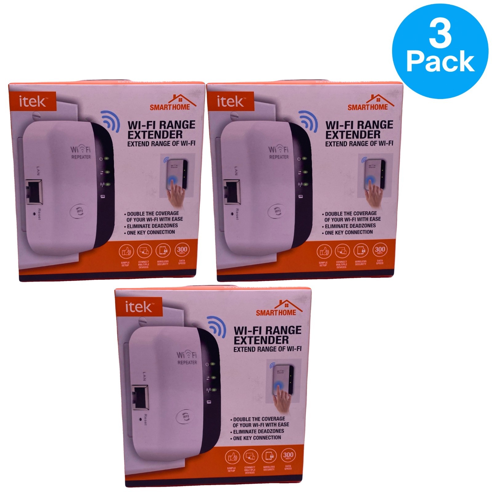 Itek Smart Home Wi-Fi Range Extender 300Mbps Signal Booster Booster 3 Pack New