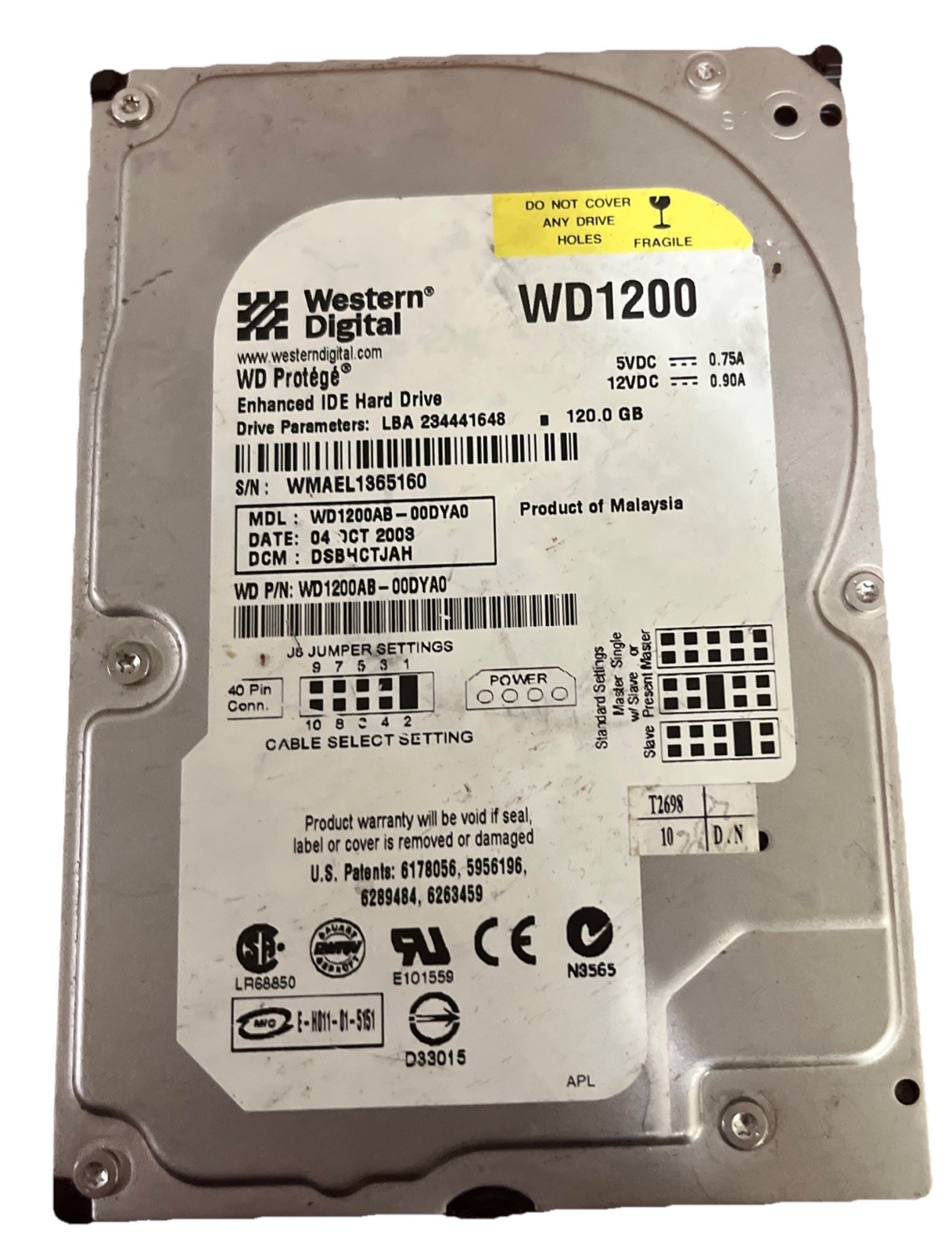 Western Digital WD1200BB-00DYAO DCM: DSBHCTJAH IDE 120GB 3.5"Hard Drive *4H