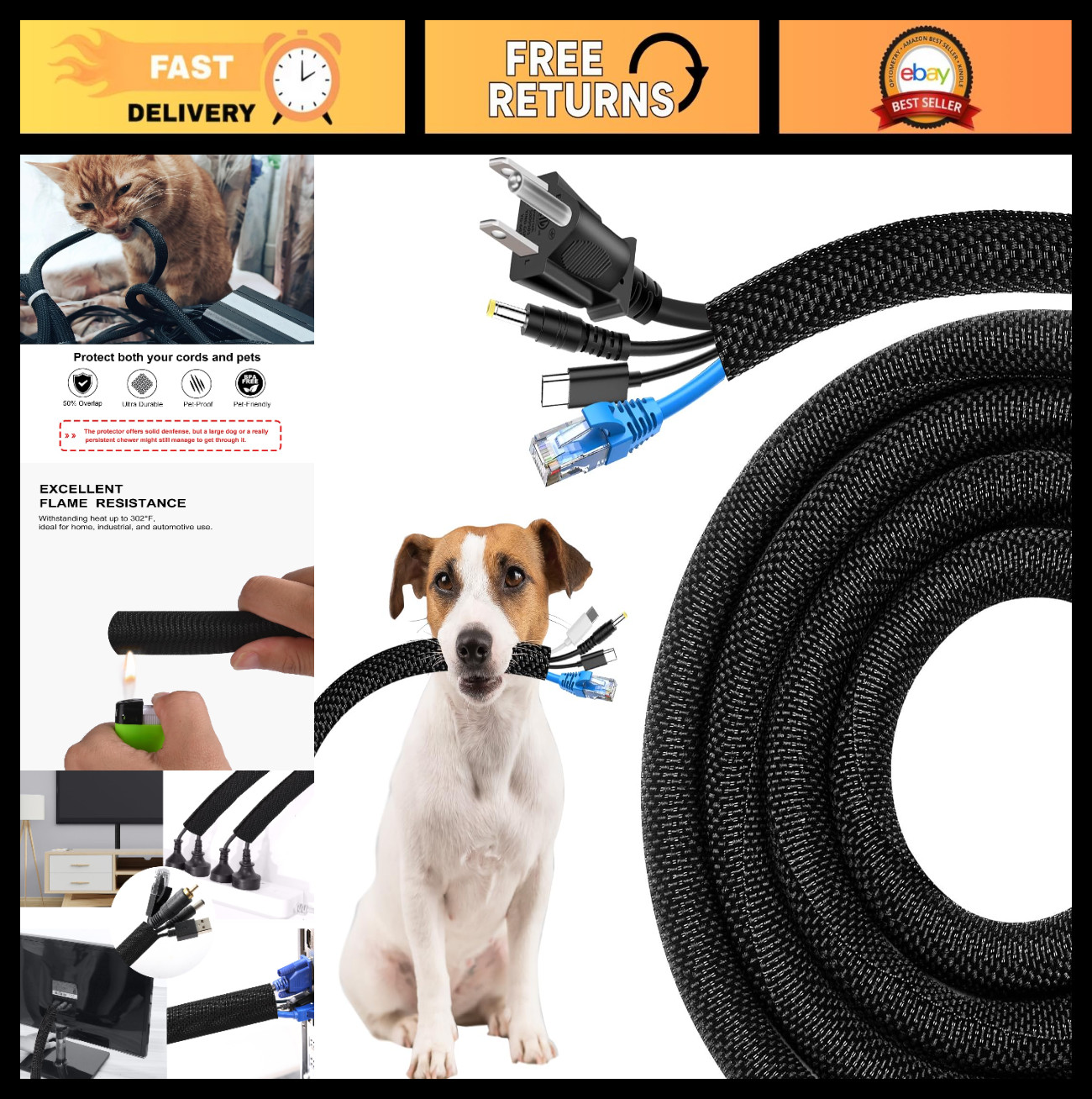 25ft Ultra Durable Cord Protectors - No Chew, Bite-Resistant Covers for Pets