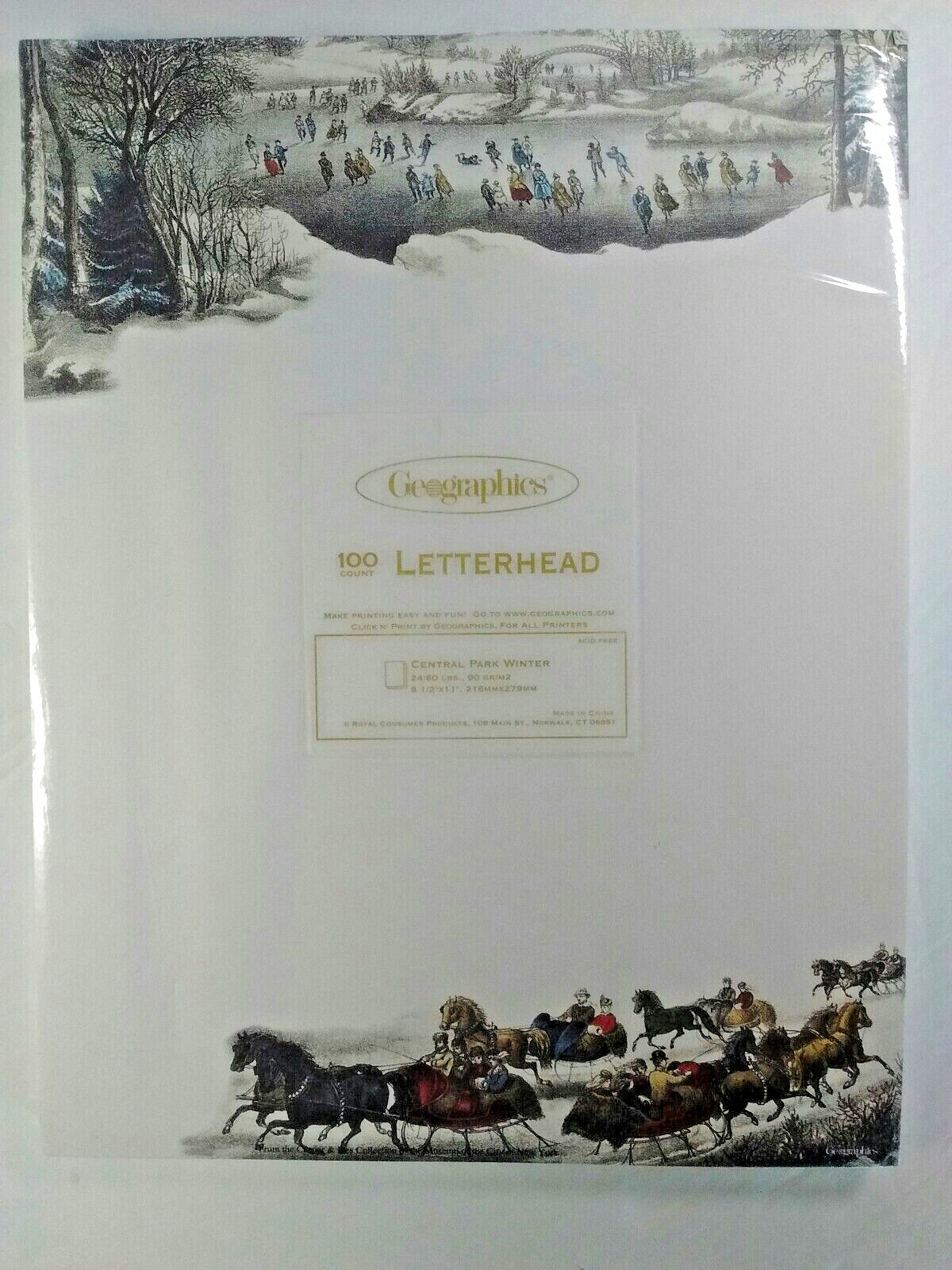 Geographics Currier & Ives Central Park Skating Scene 100CT Letterhead Paper NEW