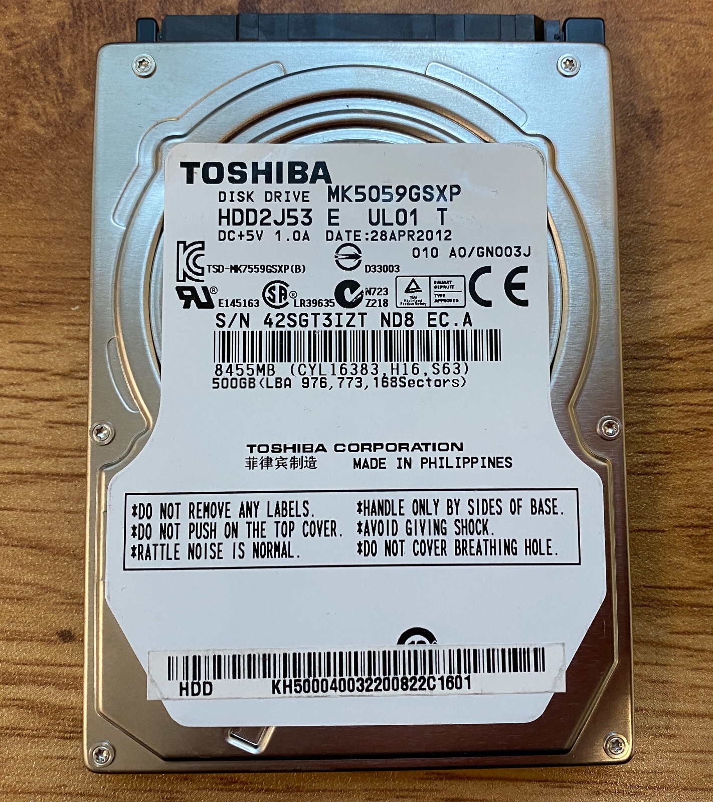 TOSHIBA 2.5" 500GB SATA Hard Drive Disk HDD MK5059GSXP HDD2J53 GN003J *TESTED*