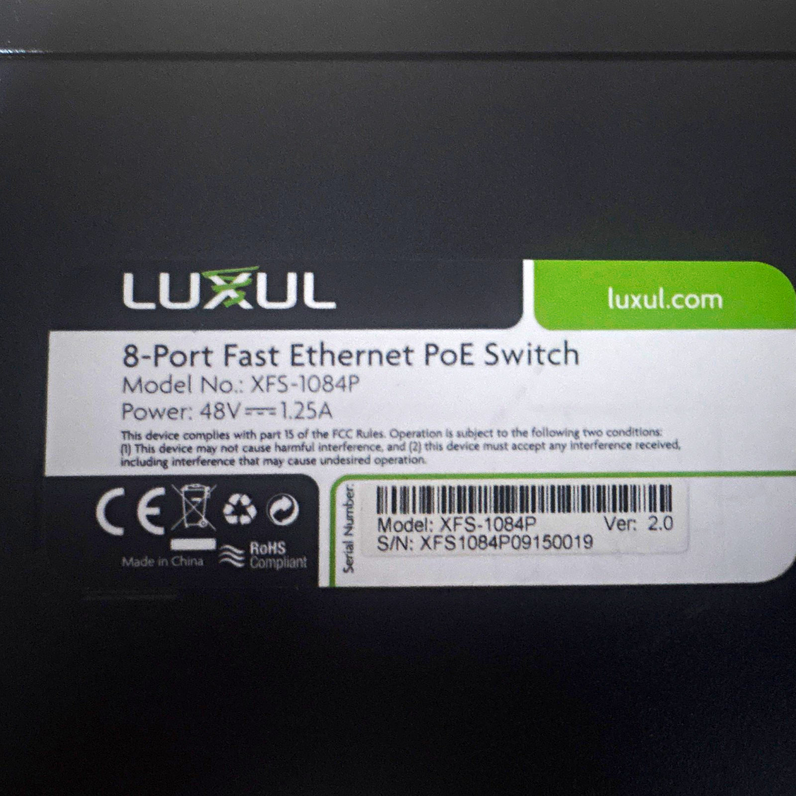 Luxul XFS-1084P 8-Port Fast Ethernet PoE Unmanaged L2 Rackmount RJ-45