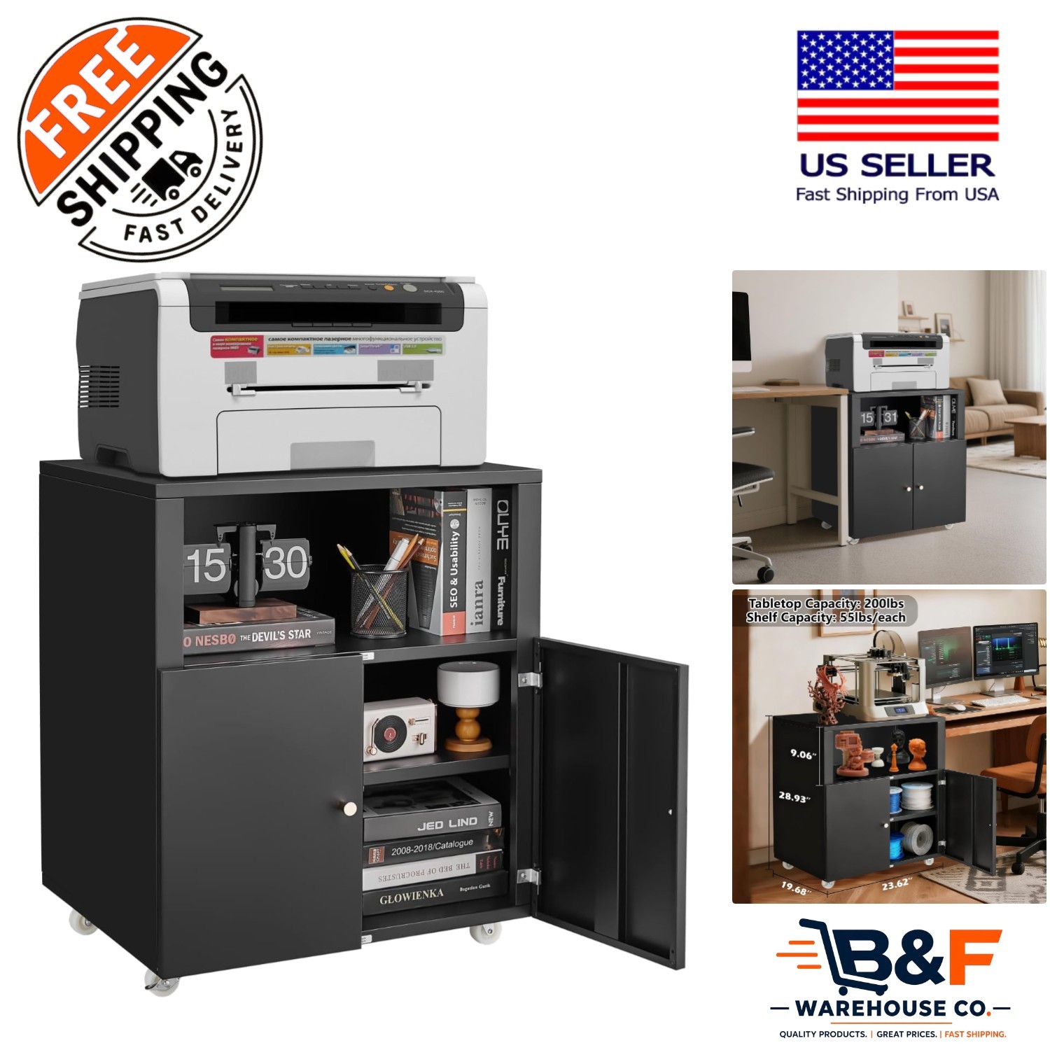 Modern Metal Printer Stand with Large Storage & Rolling Wheels, 220 lbs Capacity