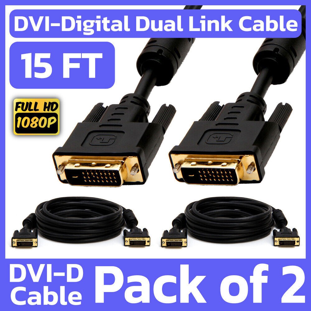 2 Pack 15 Feet DVI Cable DVI-D Dual-Link Male to Male Cord Digital Monitor Cable