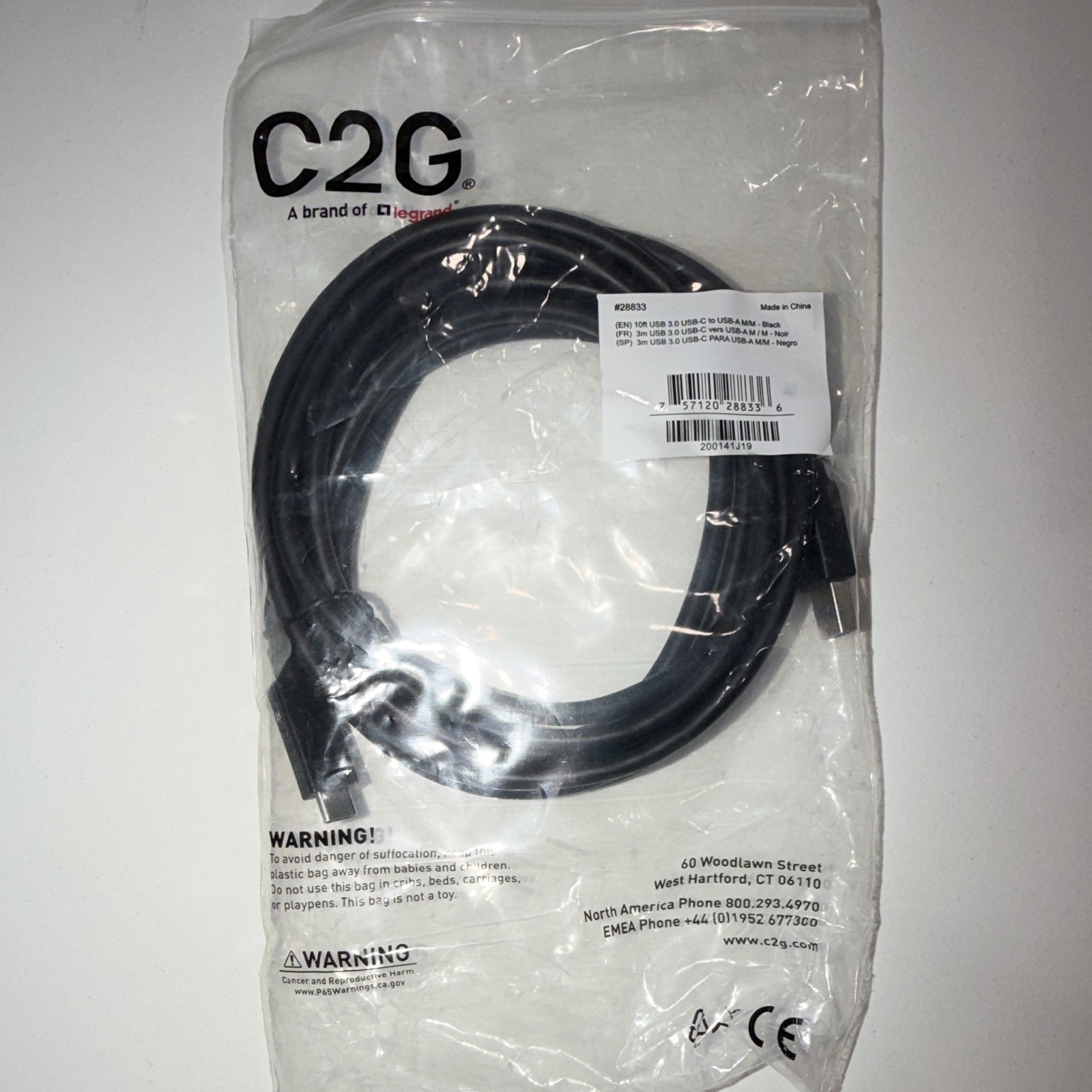 C2G USB-A 3.0 to USB-C Male USB Cable, Round Cable, 10 ft, Black (MPN 28833)
