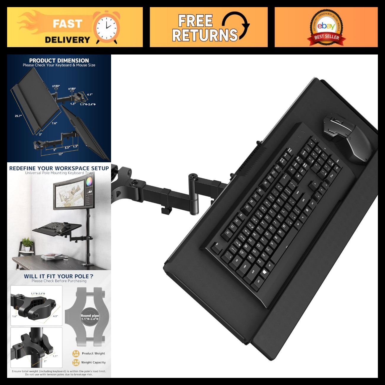 Universal 26" Pole Mount Keyboard Tray - Ergonomic Steel Platform for Keyboard &