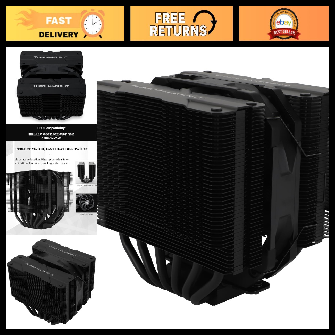 High-Performance CPU Air Cooler, 6 Heat Pipes, Dual Tower Design, PWM Fans, Inte