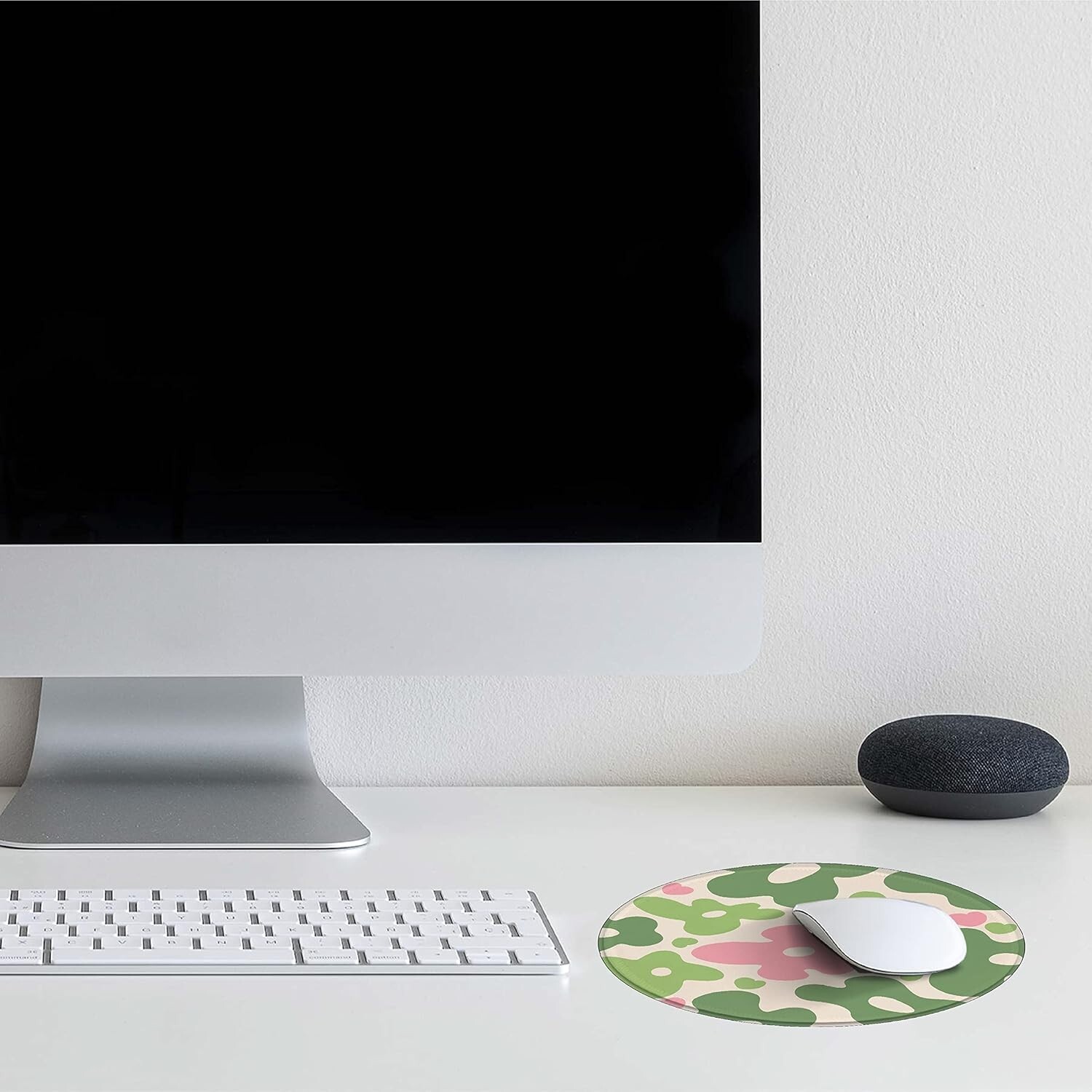 Vintage Groovy Boho  Round Mouse Pad, Cute Green White Pink Flowers Pattern