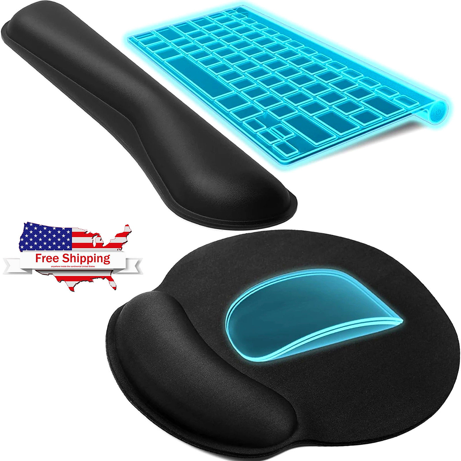 2Pc Premium Memory Foam Keyboard Wrist Support Bar and Mouse Wrist Rest Pads Set