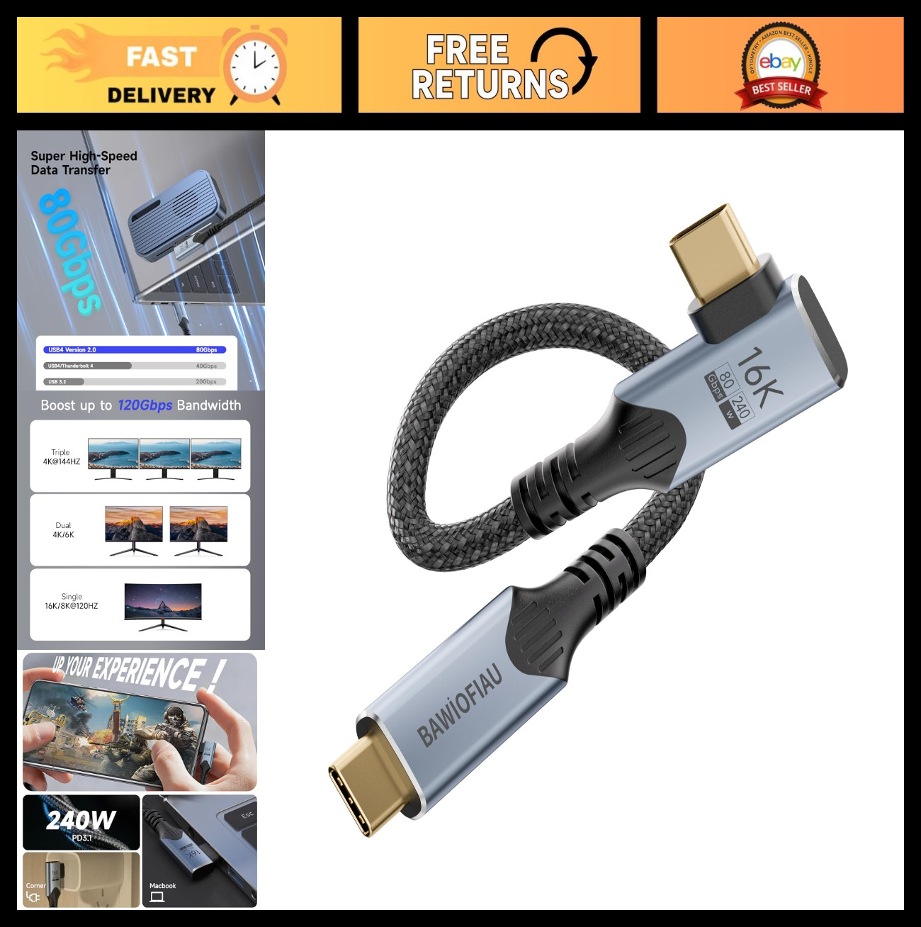 80Gbps USB C Data Cable, 1ft Right Angle, 240W, 8K/16K, Thunderbolt 4 Compatible