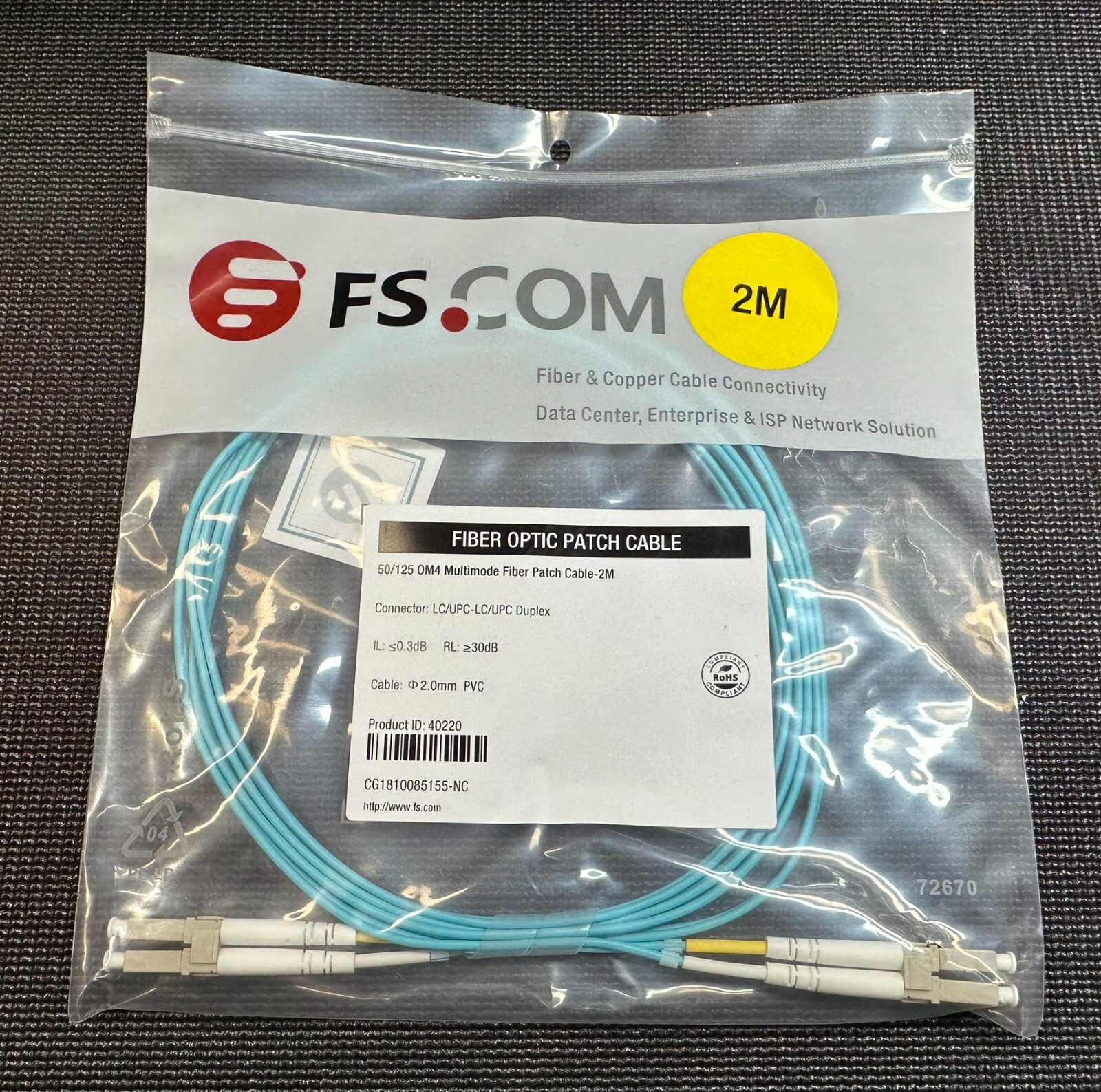 FS 2M 10G OM4 50/125 MM Fiber Patch Cable  LC/LC-UPC  DUPLEX *NEW* (Lot of 2x)