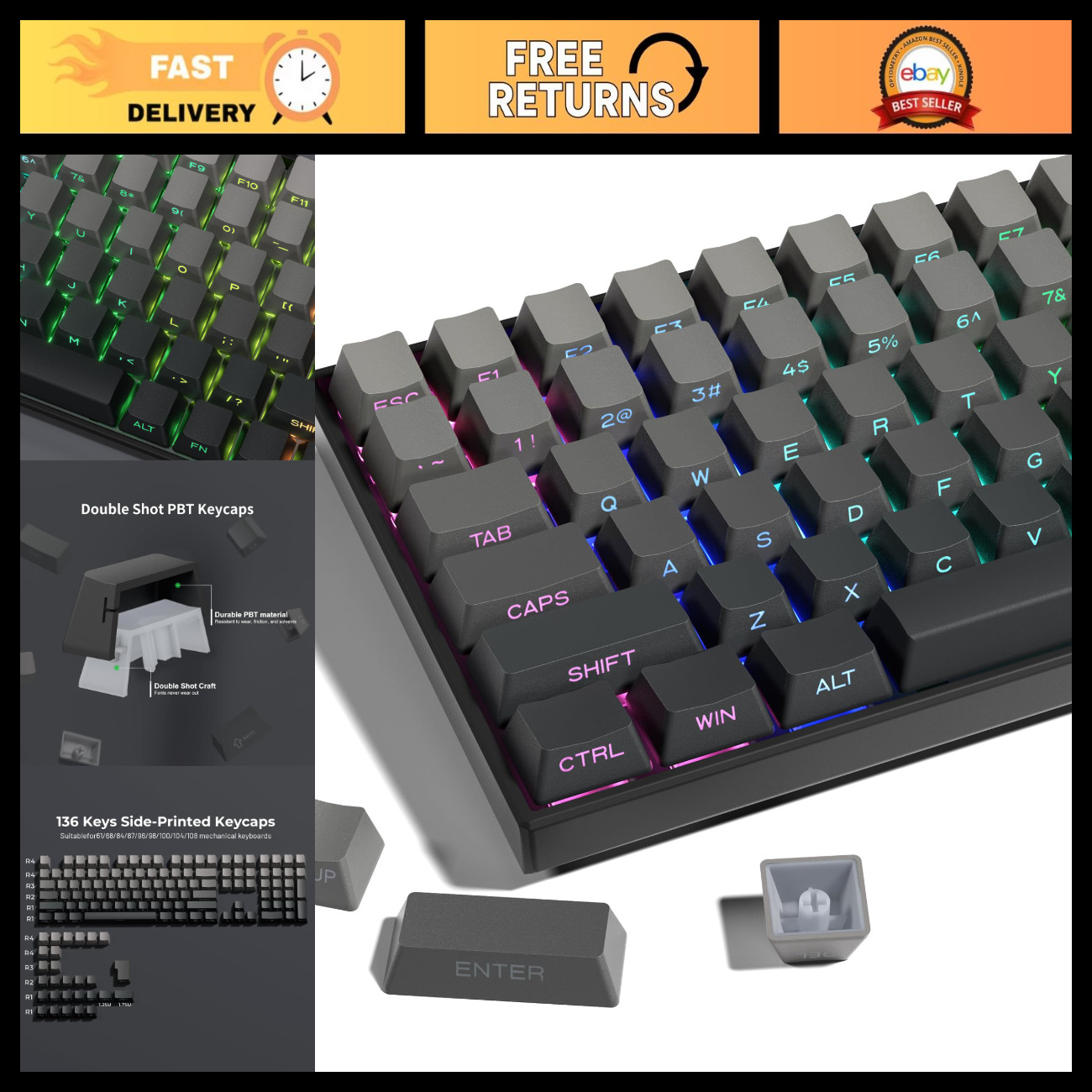 Custom PBT Keycaps Set - 136 Keys Gradient Gray, Double Shot, OEM Profile for 60