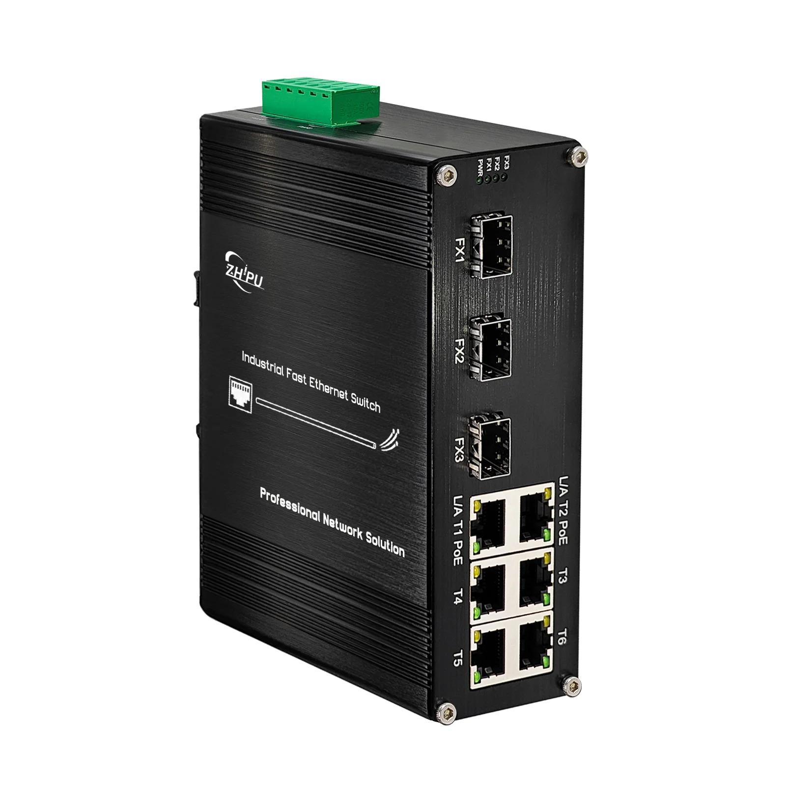 Mini Industrial Unmanaged 6-Port 10/100Base-T + 3-Port 100Base-FX PoE Switch Din
