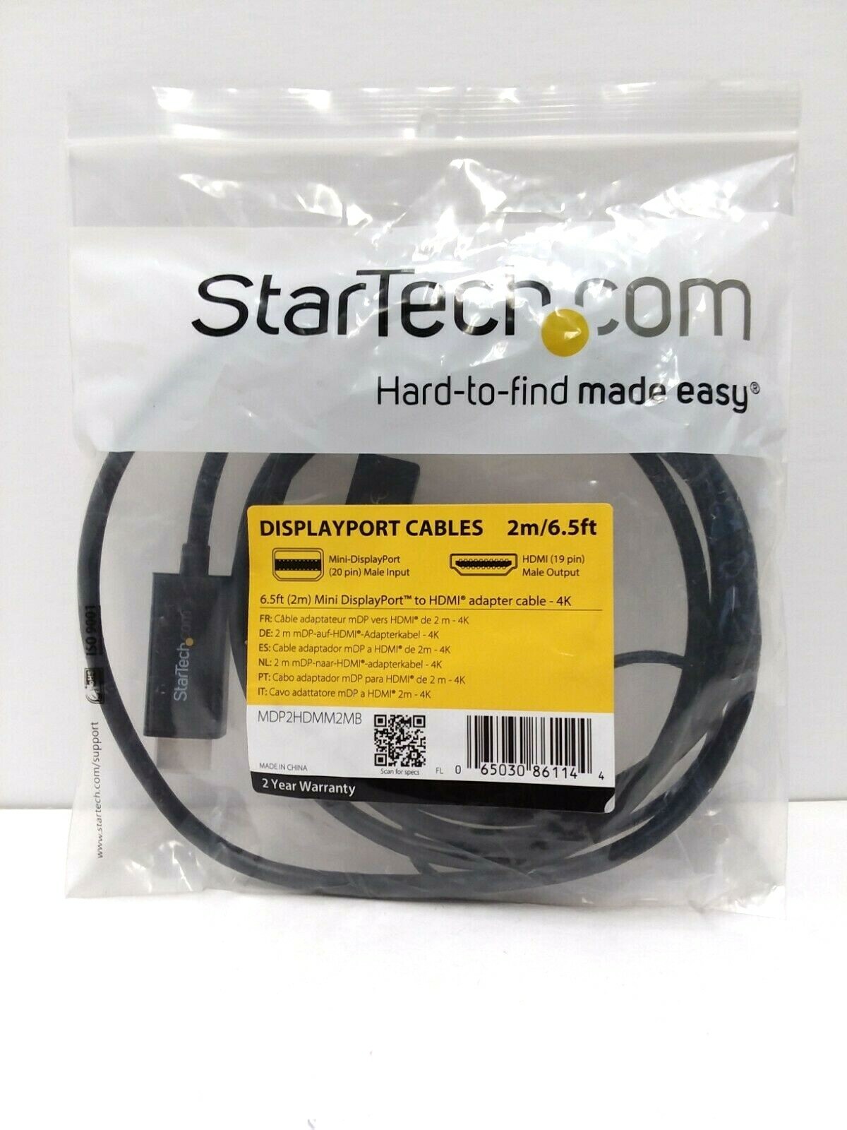 StarTech Mini DisplayPort to HDMI converter cable 6.5 ft 2m 4K MDP2HDMM2MB