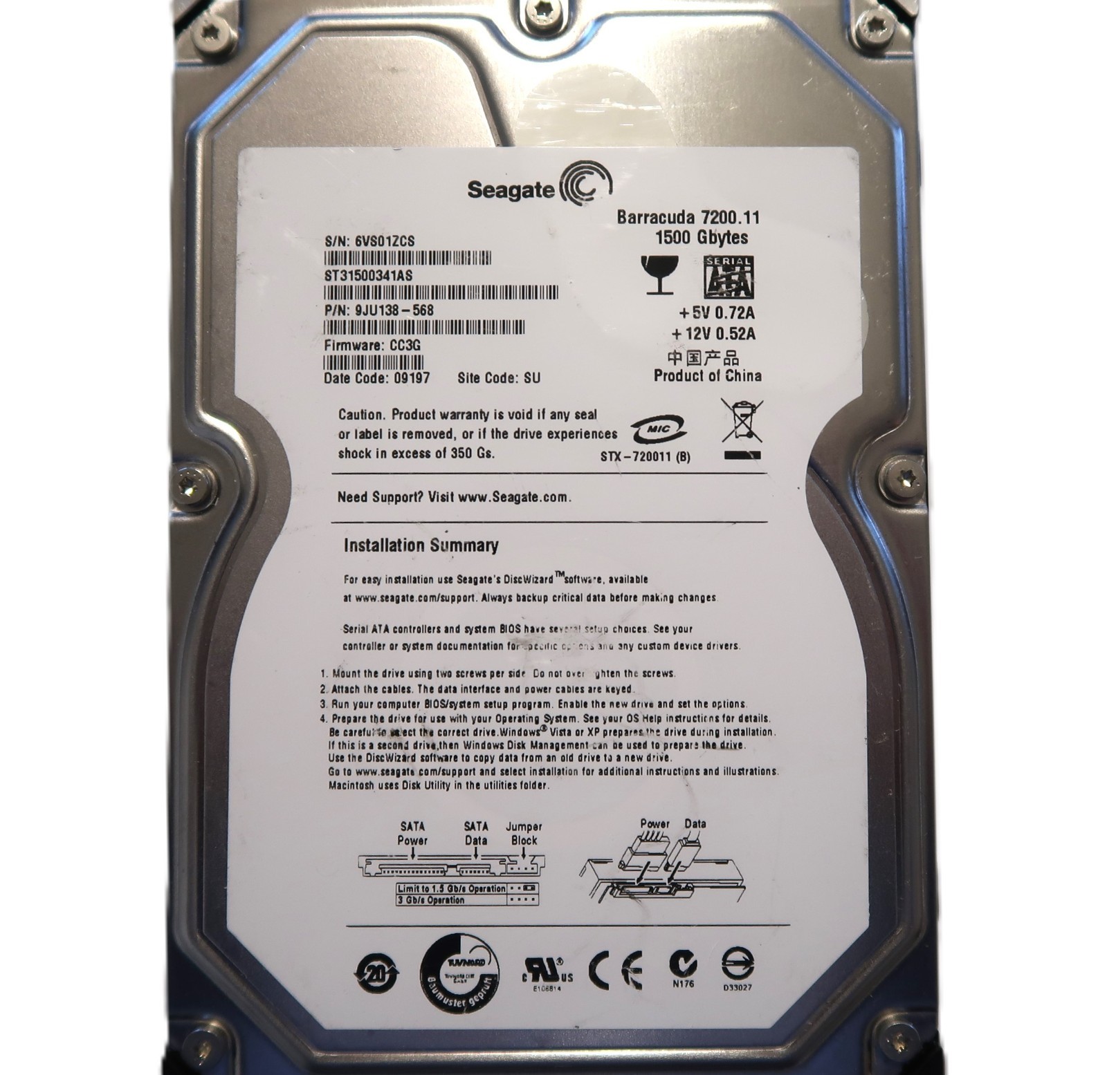 Seagate ST31500341AS 9JU138-568 CC3G (6VS) SU China 3.5" 1.5TB Sata HDD NOV/2008
