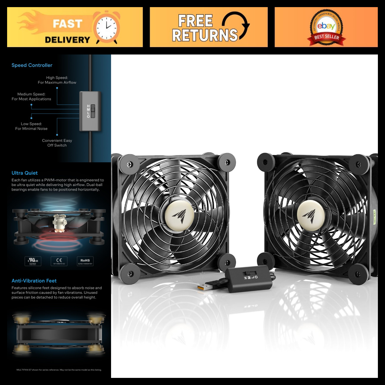 Ultra-Quiet Dual 120mm USB Cooling Fan with Speed Controller for Electronics