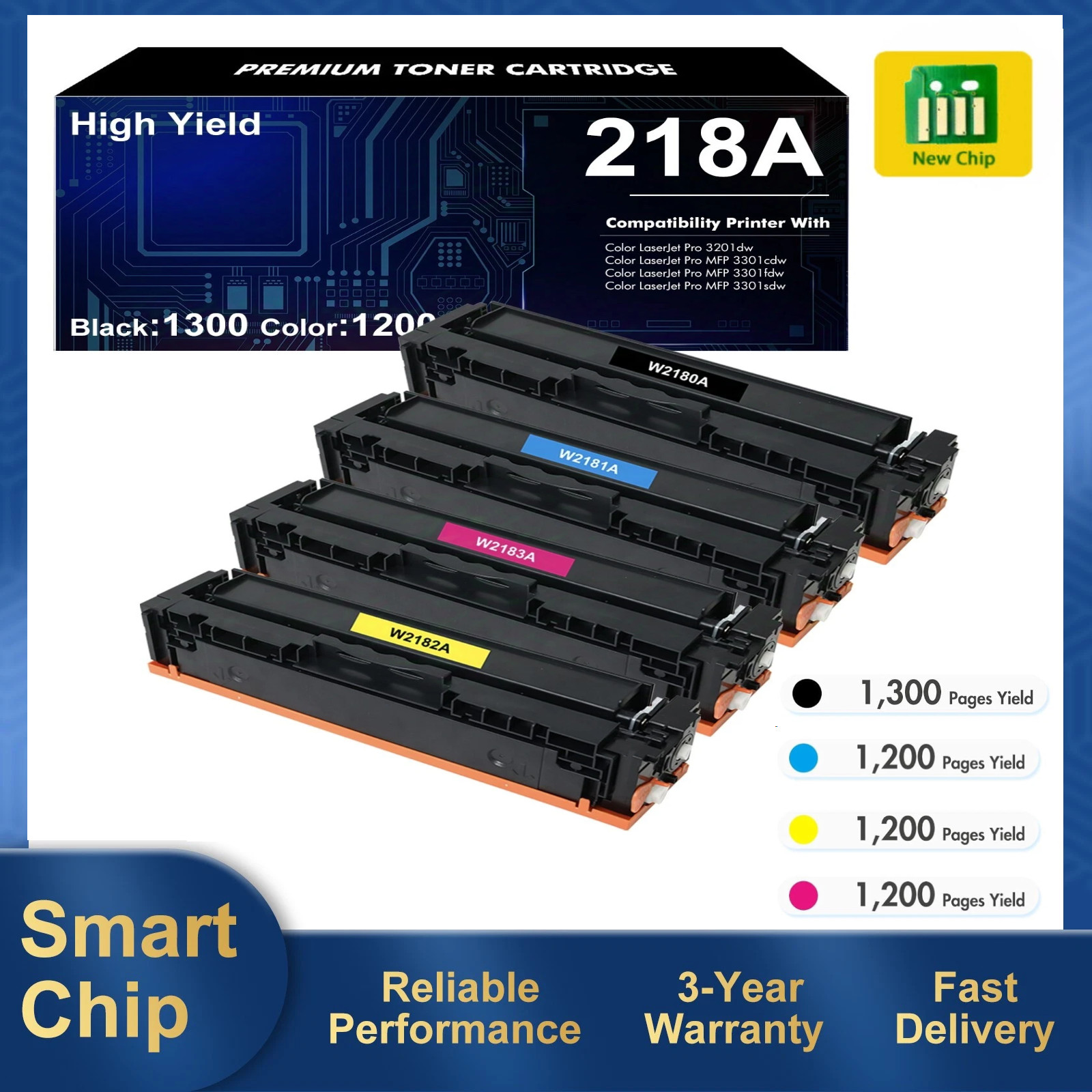 4PK W2180A Toner Fits HP 218A LaserJet Pro 3201dw MFP 3301 3301fdw [WITH CHIP]
