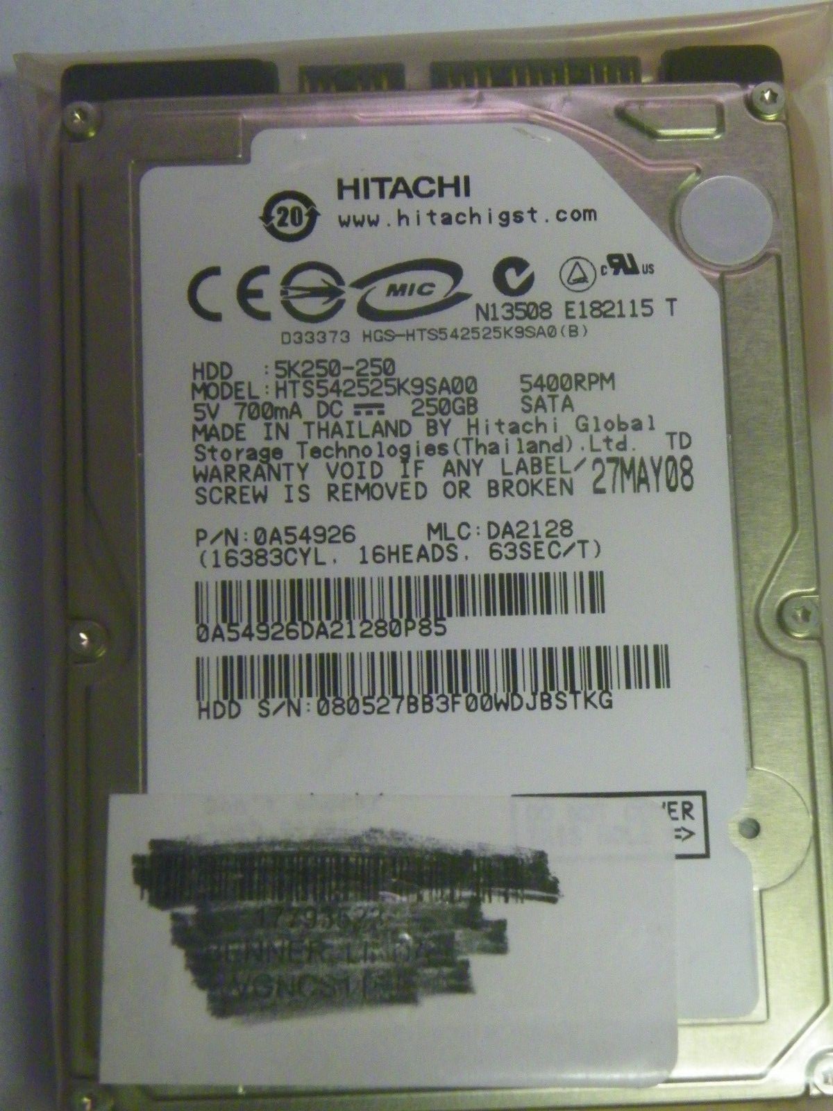 Hitachi HTS542525K9SA00 P/N:0A54926 MLC:DA2128 Laptop 250GB 2.5" SATA HDD