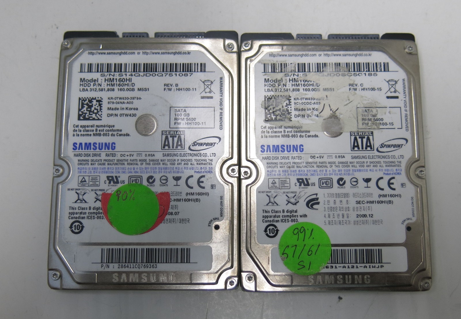 Lot of 2 Samsung HM160HI 160GB 5400RPM SATA 2.5 Laptop Hard drives Dell 0TW430