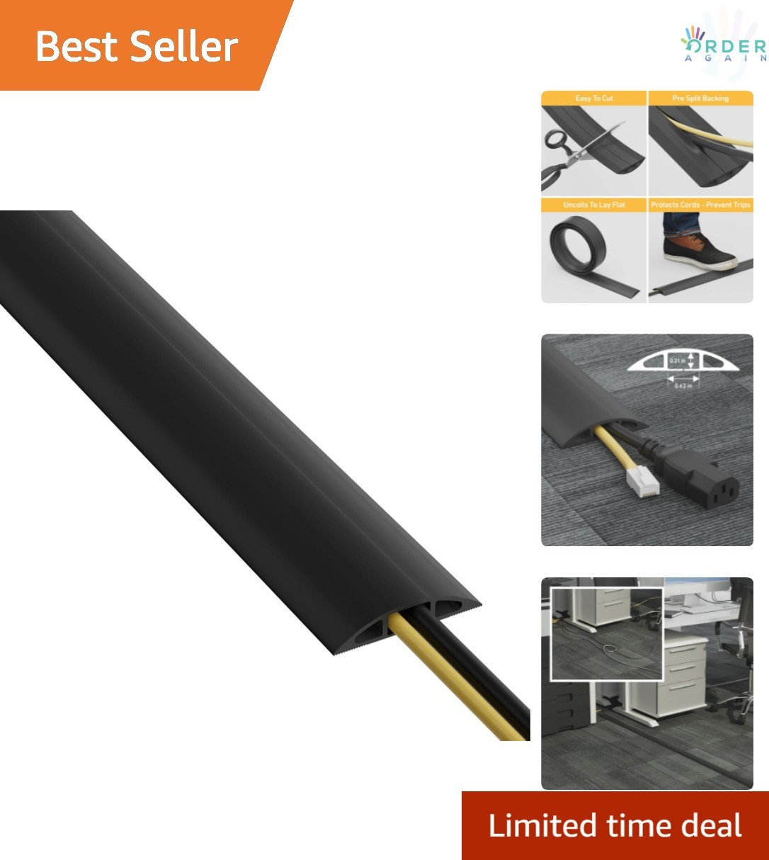 6ft Floor Cord Cover Heavy Duty PVC Cable Protector for Trip Prevention