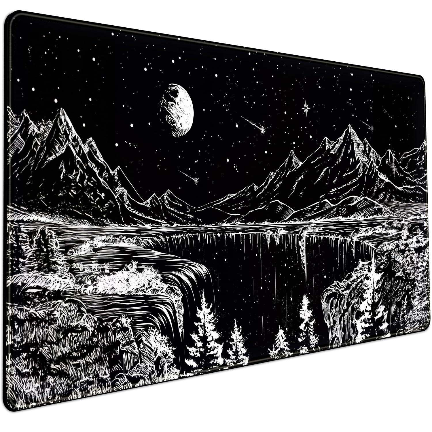 Black and White Desk Mat Dark Nature Forest Mouse pad XXL Starry Night Mountain