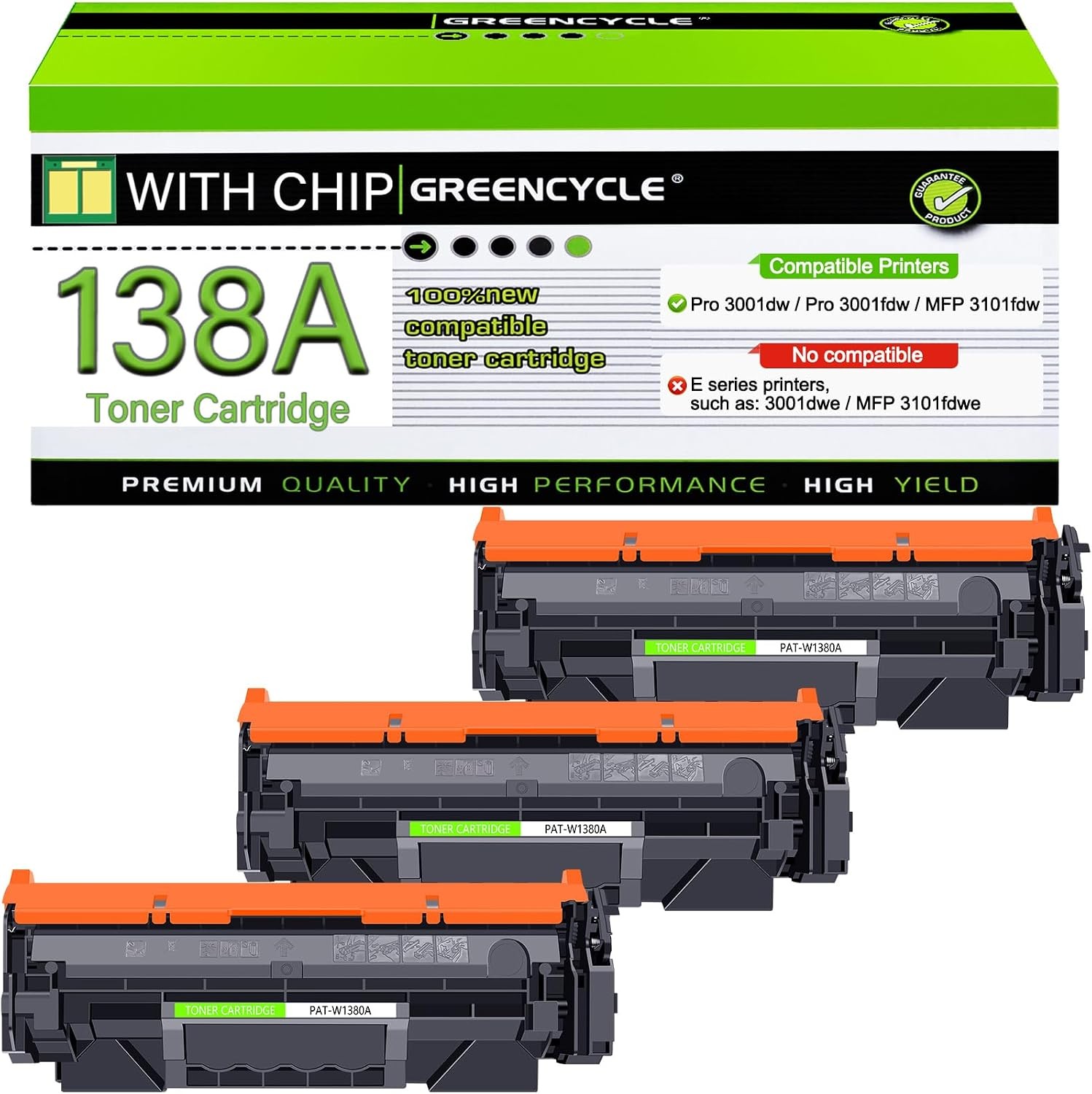 3 Pack HP 138A W1380A Black Laser Toner for 3001dw 3001fdw MFP 3101fdw