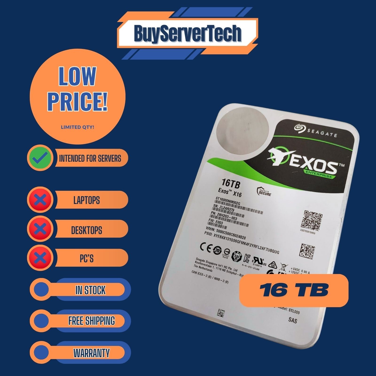 SEAGATE EXOS X16 ST16000NM002G 16TB SAS 12Gbps 3.5" HDD