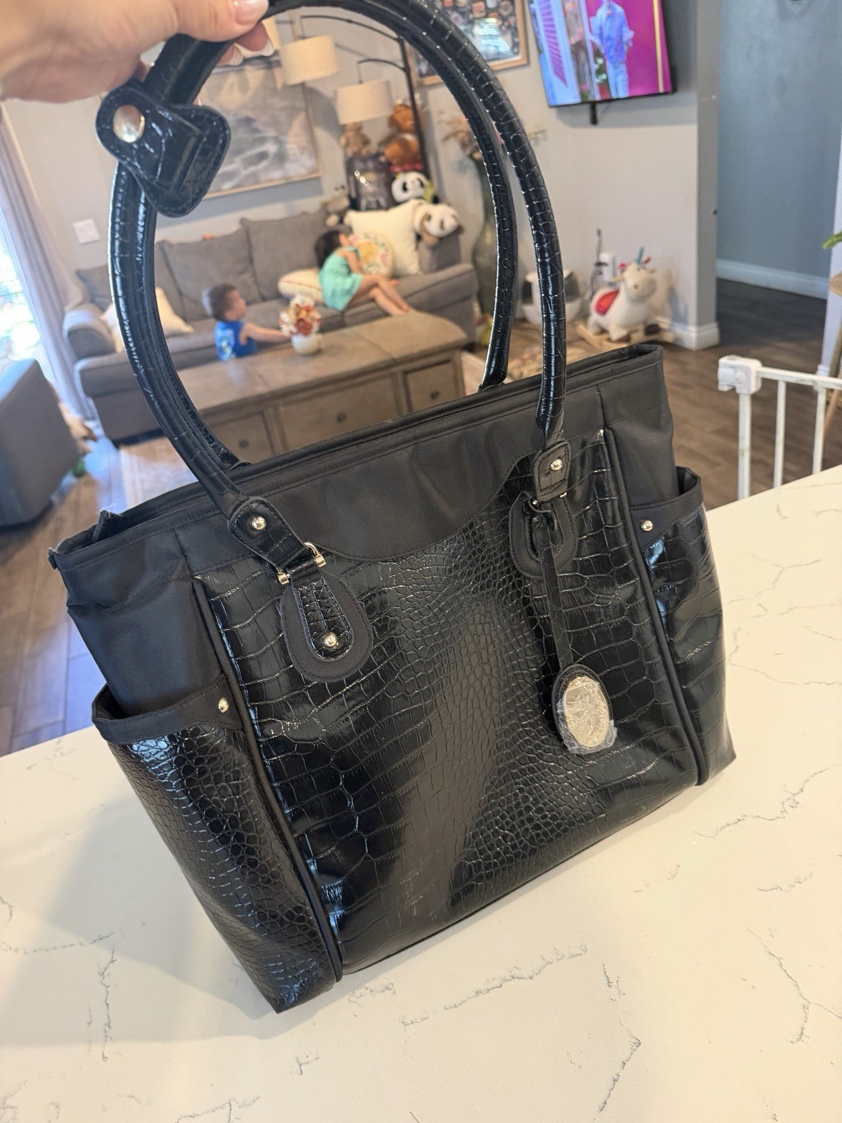 Samsonite Black Crocodile Pattern Synthetic Leather 15" Laptop Tote Bag Padded