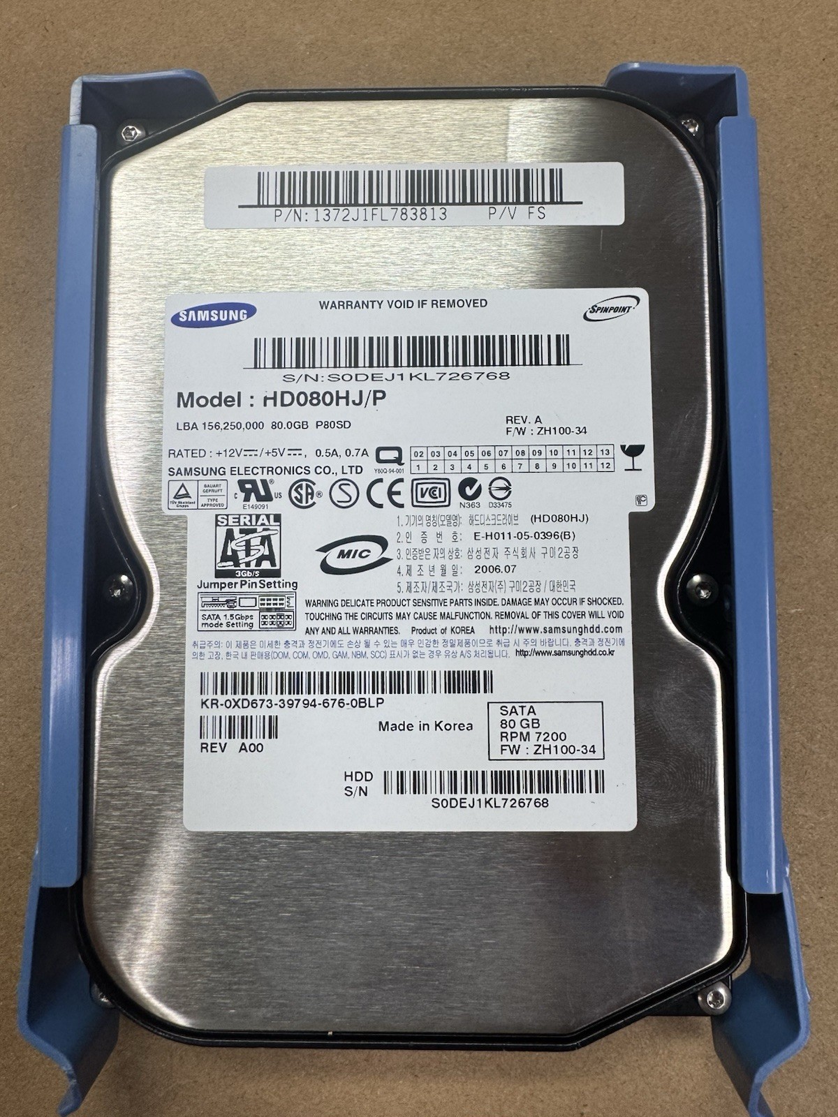 Samsung HD080HJ/P P80SD 80GB 7200 RPM  SATA 3.5" Hard Drive ZH100-34 Tested 100%