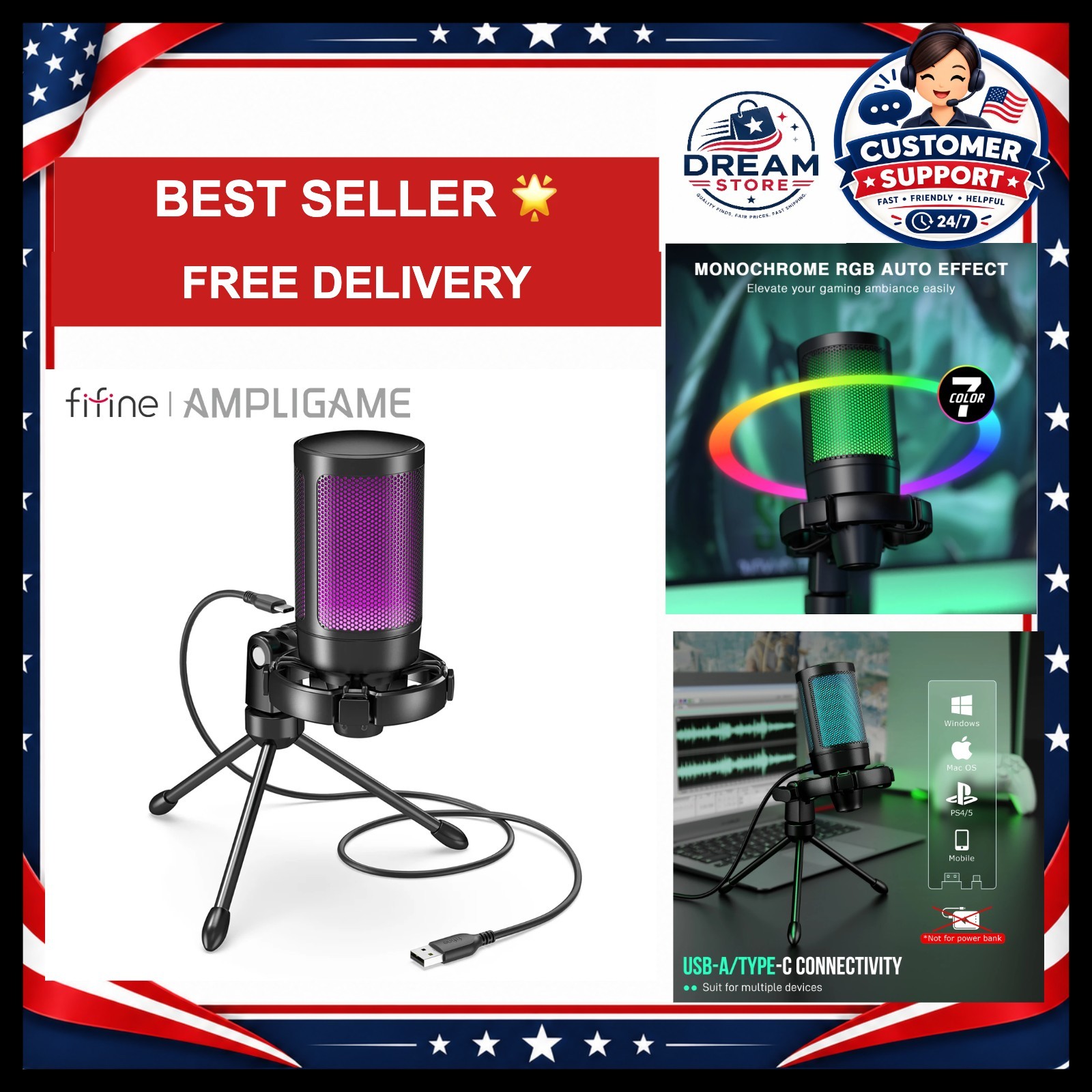 AmpliGame by FIFINE RGB USB Gaming Microphone with Light-touch Mute,Condenser